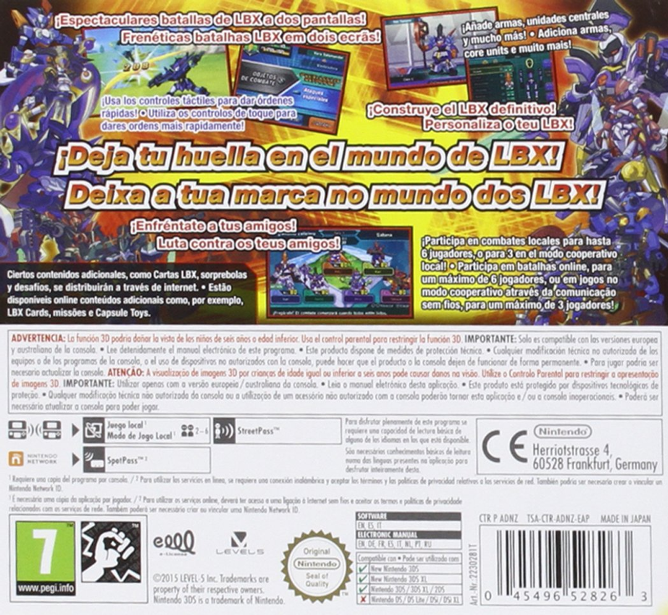 Retro della scatola del gioco per LBX. Mostra schermate di gioco e vari dettagli di gioco. Include il logo.