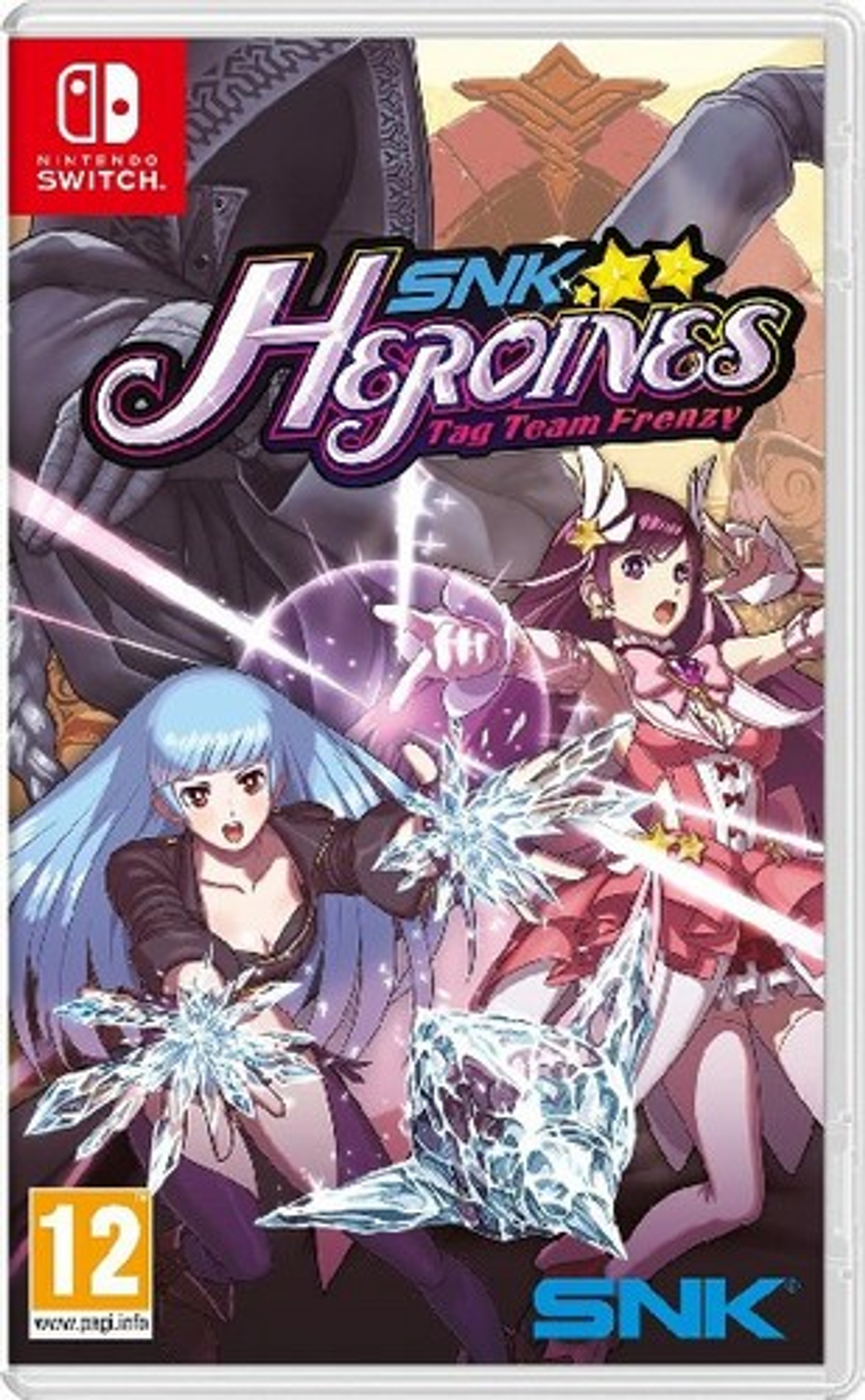 Grafika pudełka gry Nintendo Switch dla SNK Heroines. Zawiera dwie żeńskie postacie z efektami lodu.