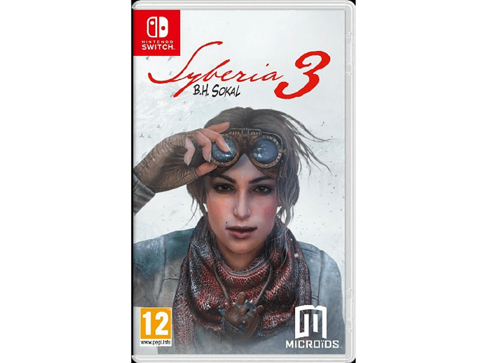 Okładka gry Syberia 3 na Nintendo Switch, przedstawiająca kobietę w goglach, śnieżne tło.