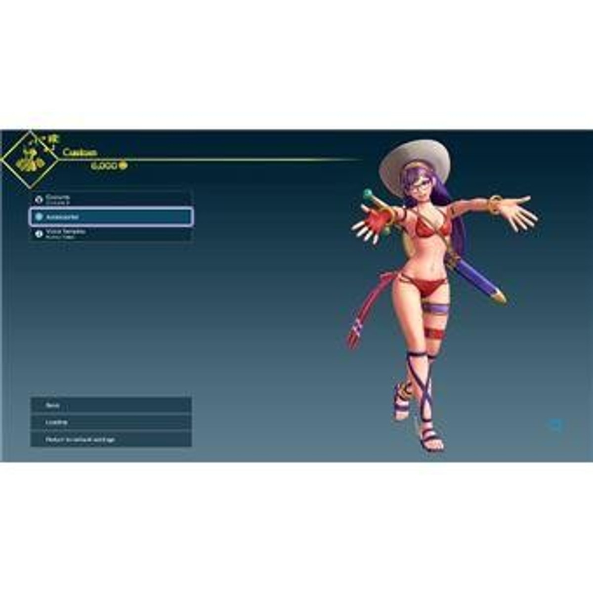 Postać w stylu anime w bikini i kapeluszu z mieczem. Interfejs po lewej stronie.