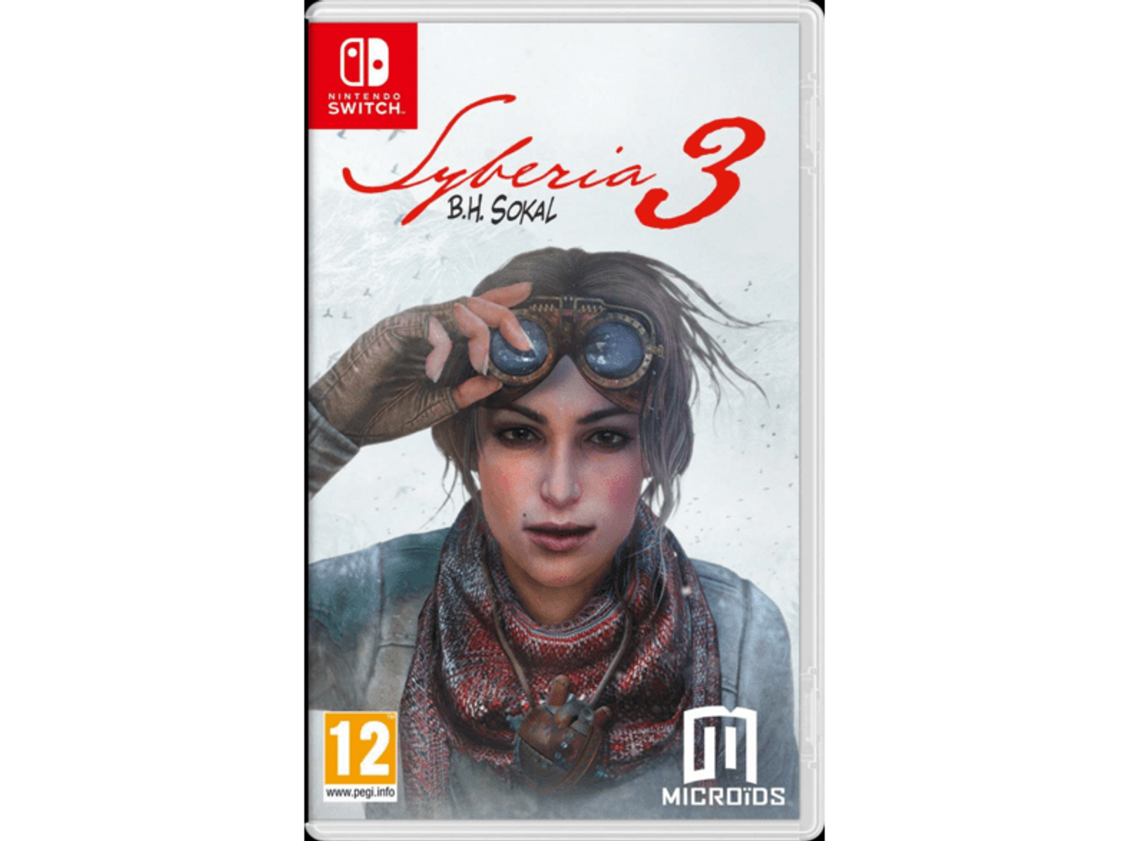 Okładka gry: Syberia 3. Kobieta w goglach patrzy na widza, z zaśnieżonym tłem.