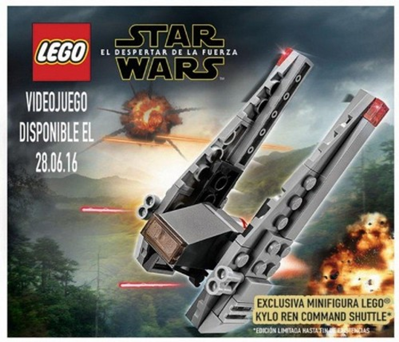 Artwork della scatola del gioco LEGO Star Wars. Presenta un'astronave e testo in spagnolo. Logo LEGO e data di rilascio.