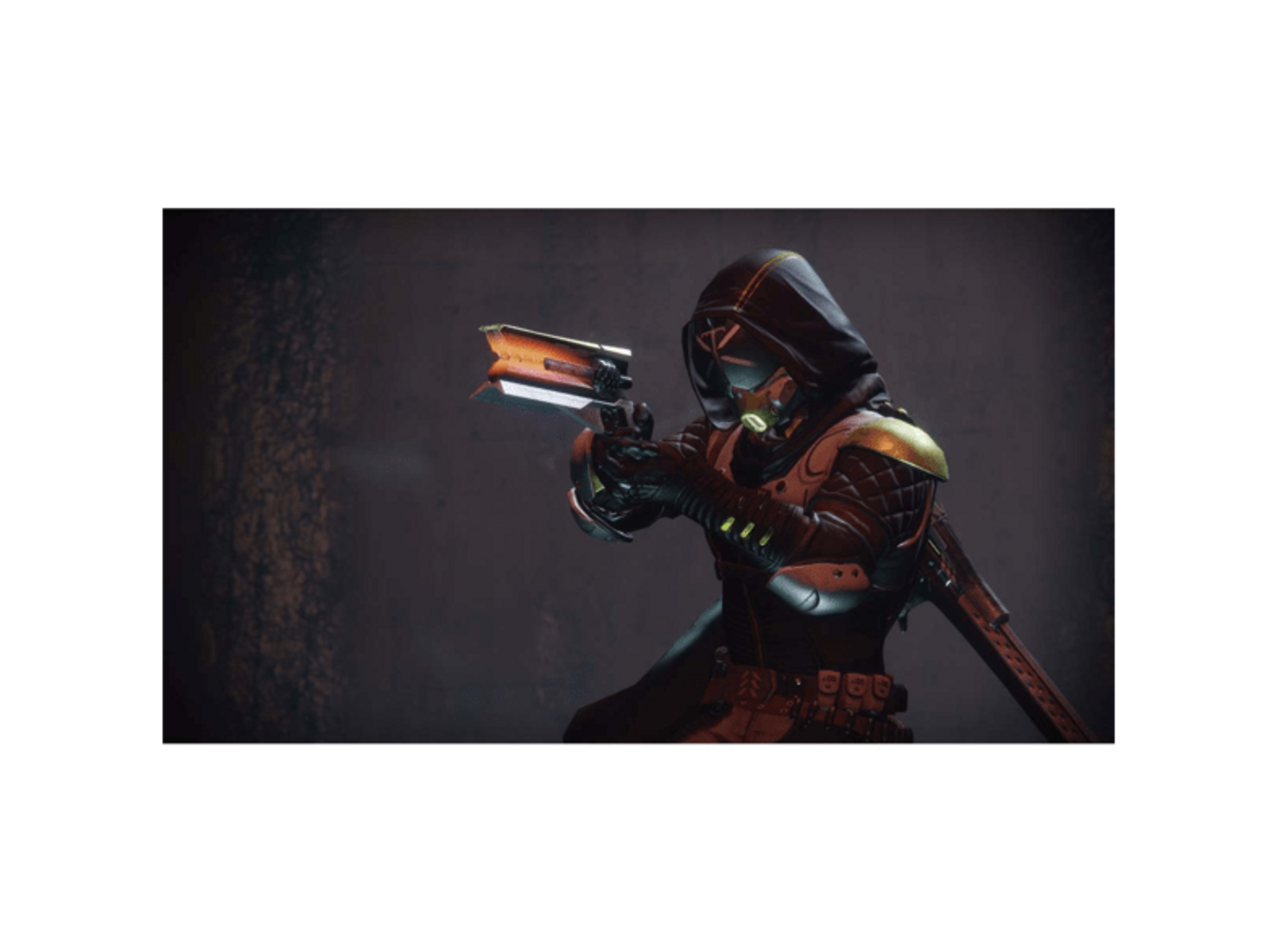 Postać w kapturze trzymająca futurystyczną broń w ciemnym, zadymionym otoczeniu.