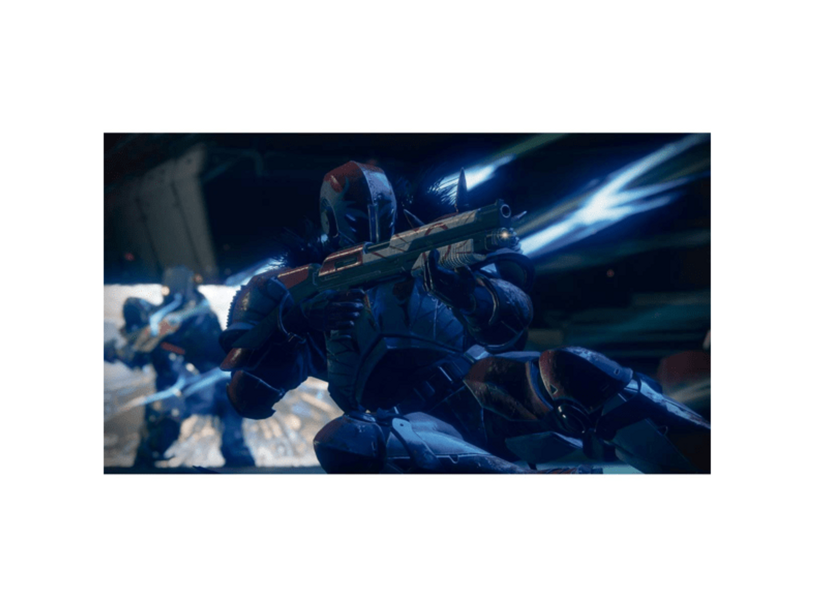 Postać w futurystycznej zbroi, trzymająca karabin w scenie bitwy.