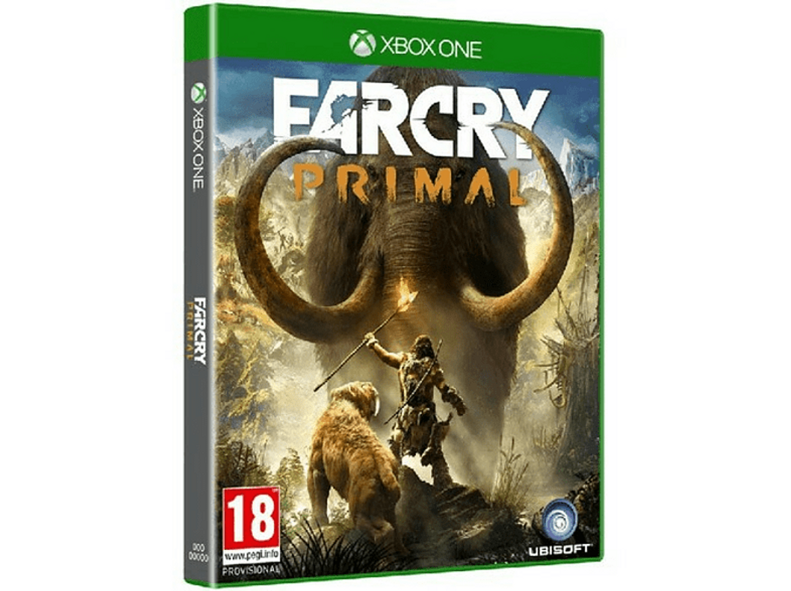 Okładka gry Far Cry Primal: mamut, myśliwy i pies w prehistorycznym otoczeniu.