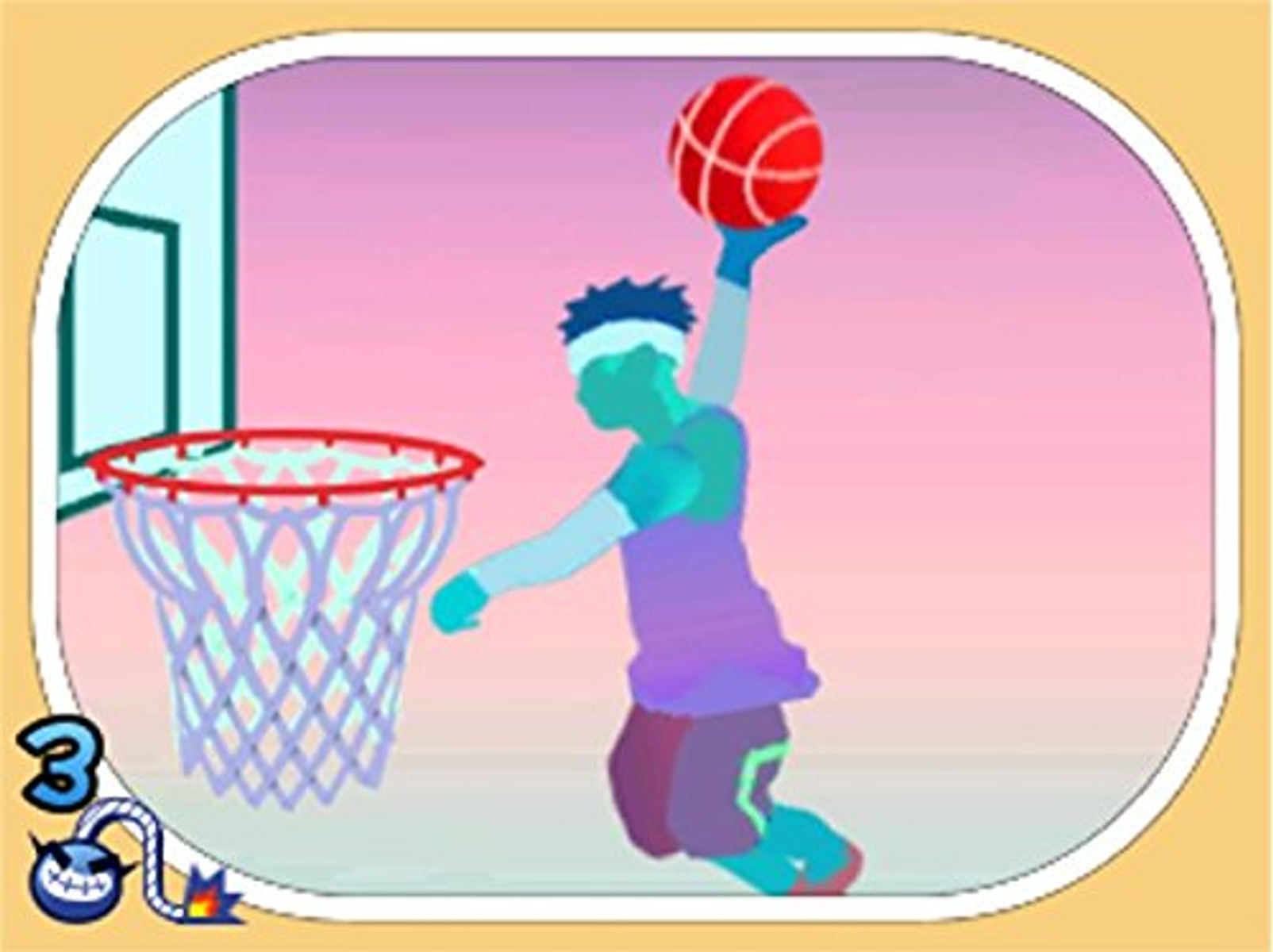 Kreskówkowy koszykarz skacze, by wsadzić piłkę do kosza. Czerwona piłka, różowe i zielone tło.