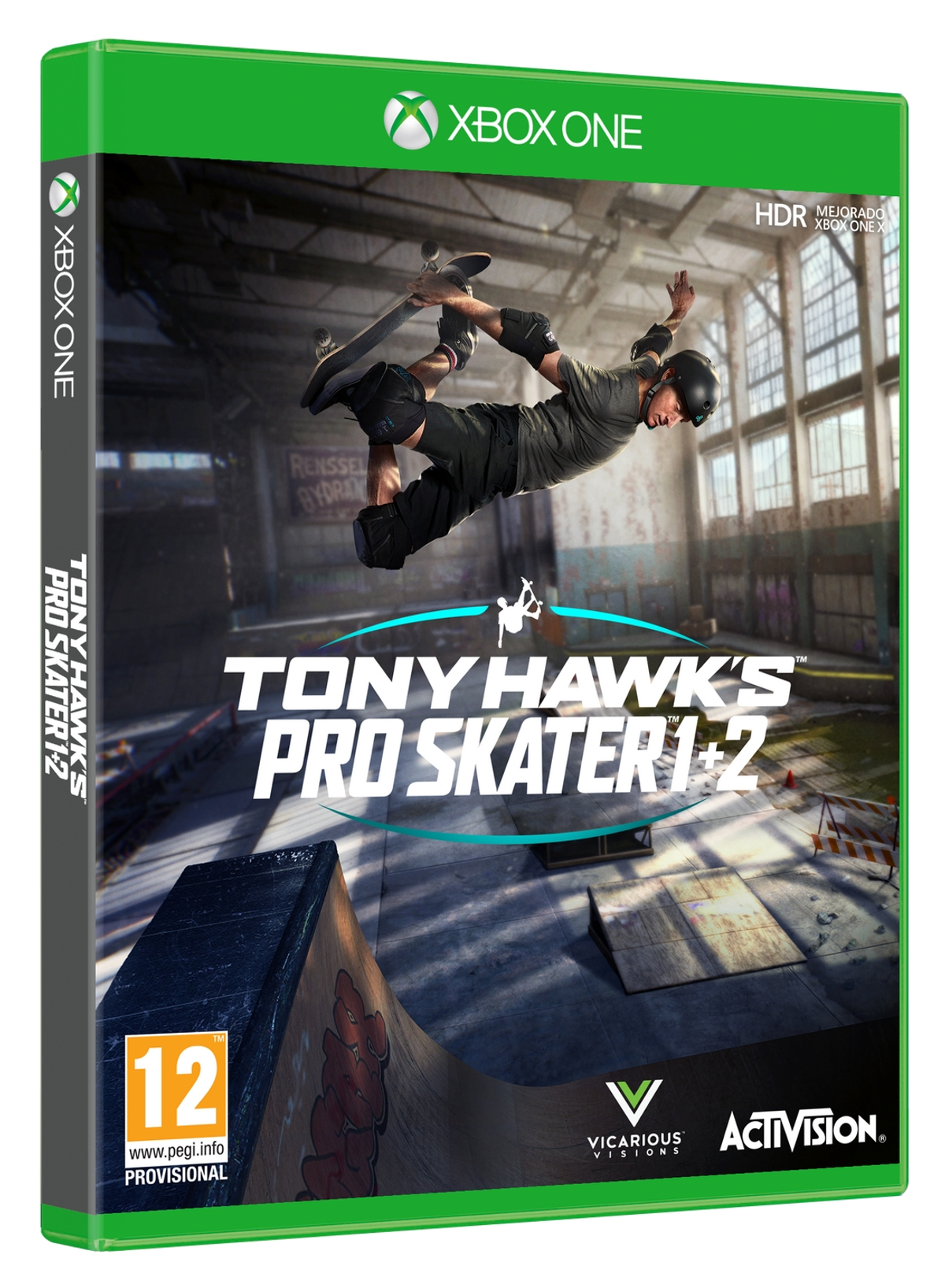 Pudełko gry Xbox One dla Tony Hawk's Pro Skater 1+2. Skateboarder w akcji. Zielony i czarny design.