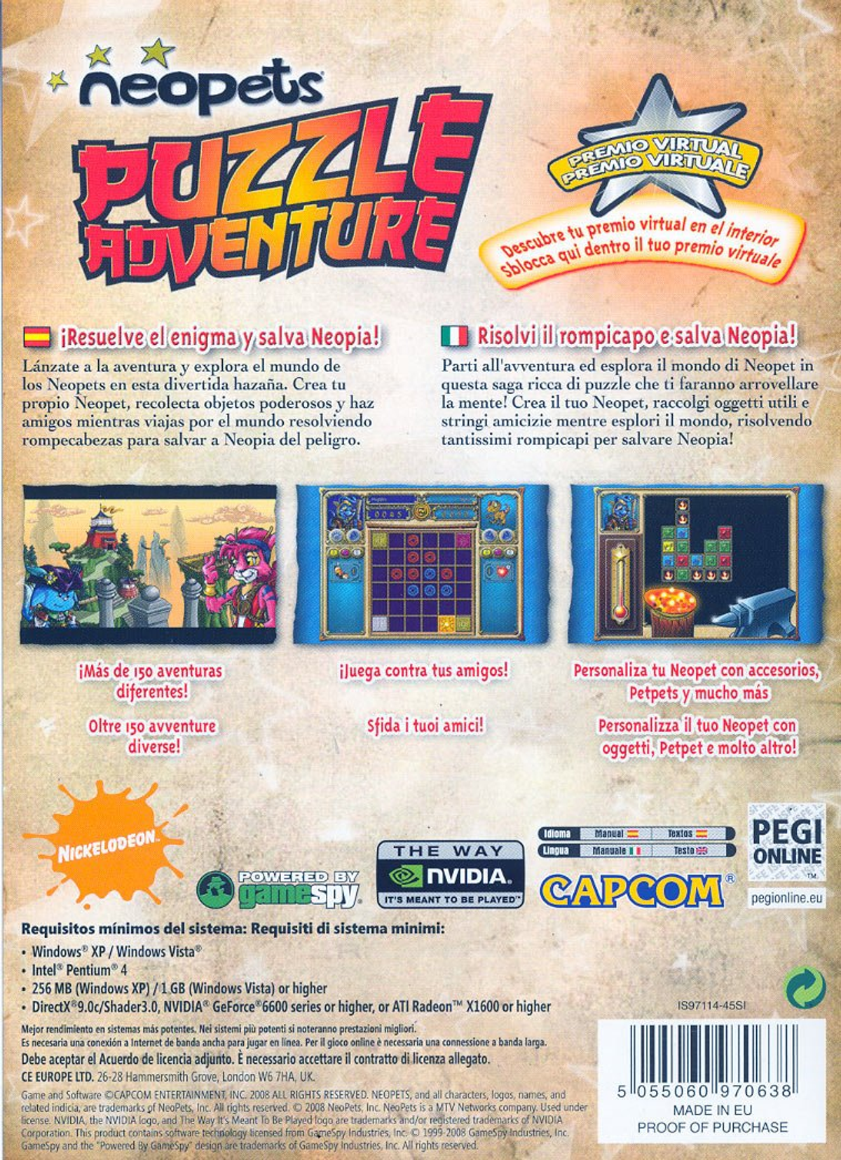 Retro della copertina del gioco Neopets Puzzle Adventure. Mostra il gameplay, il logo Nickelodeon e i requisiti.