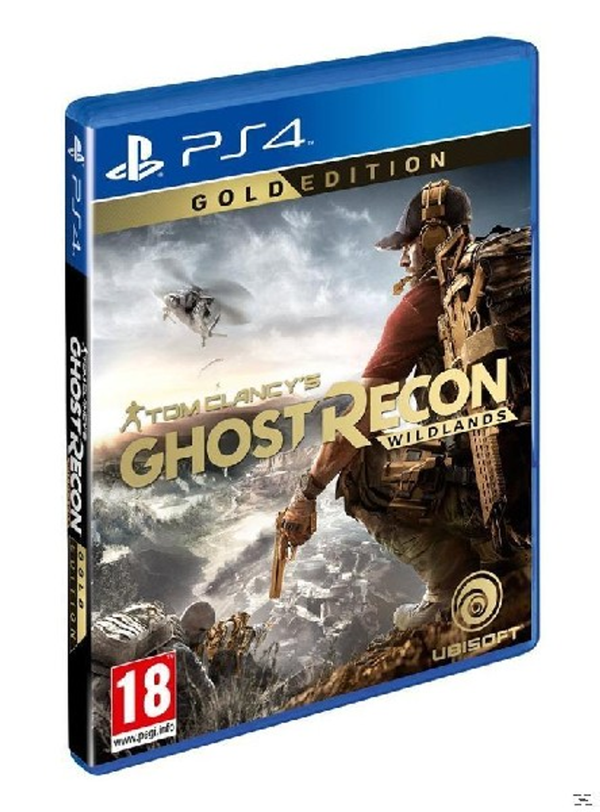 Pudełko z grą pokazujące żołnierza celującego z broni, helikopter w tle.