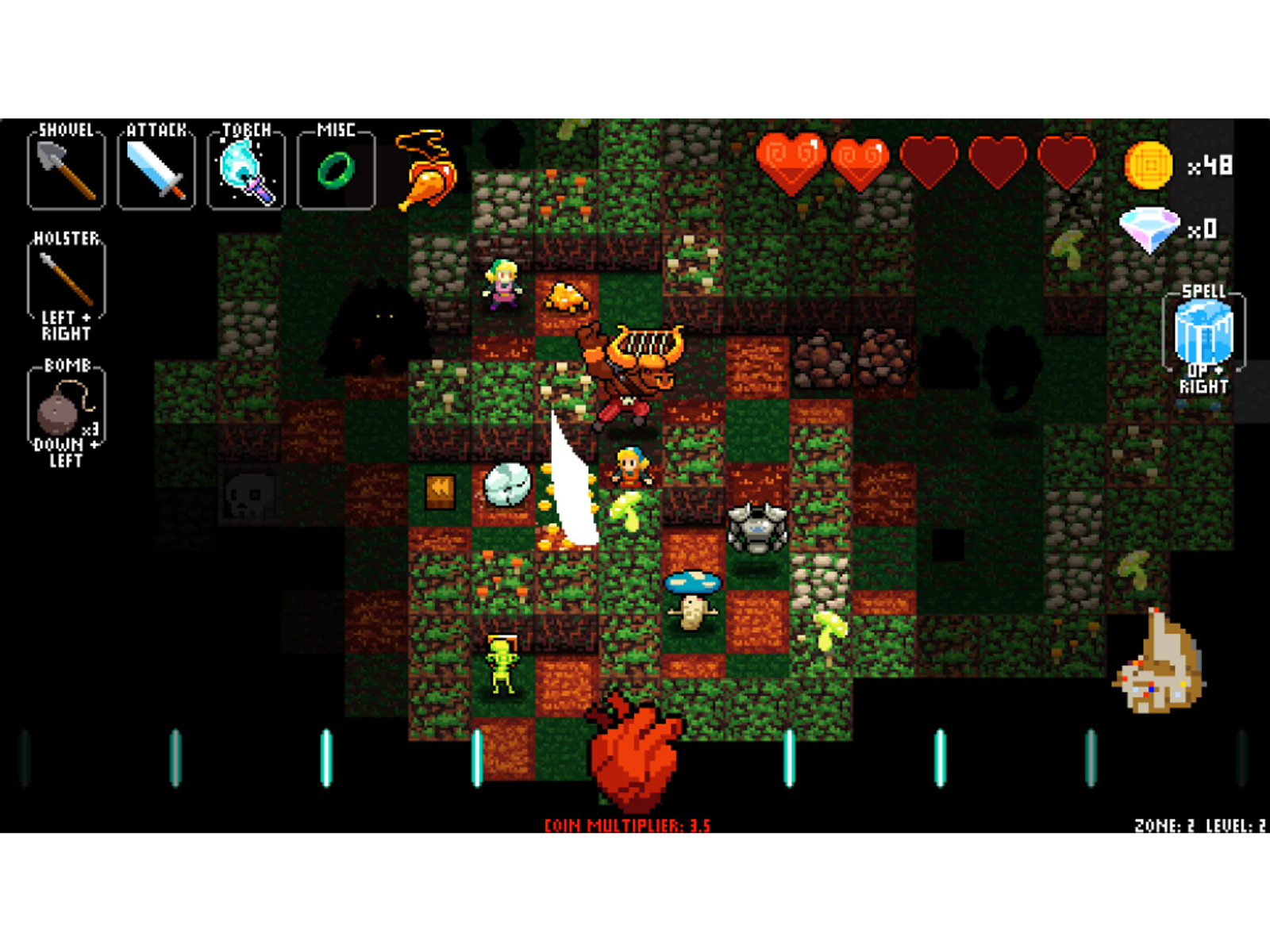 Vista dall'alto di un gioco pixelato: i personaggi esplorano un dungeon con oggetti, cuori e nemici.