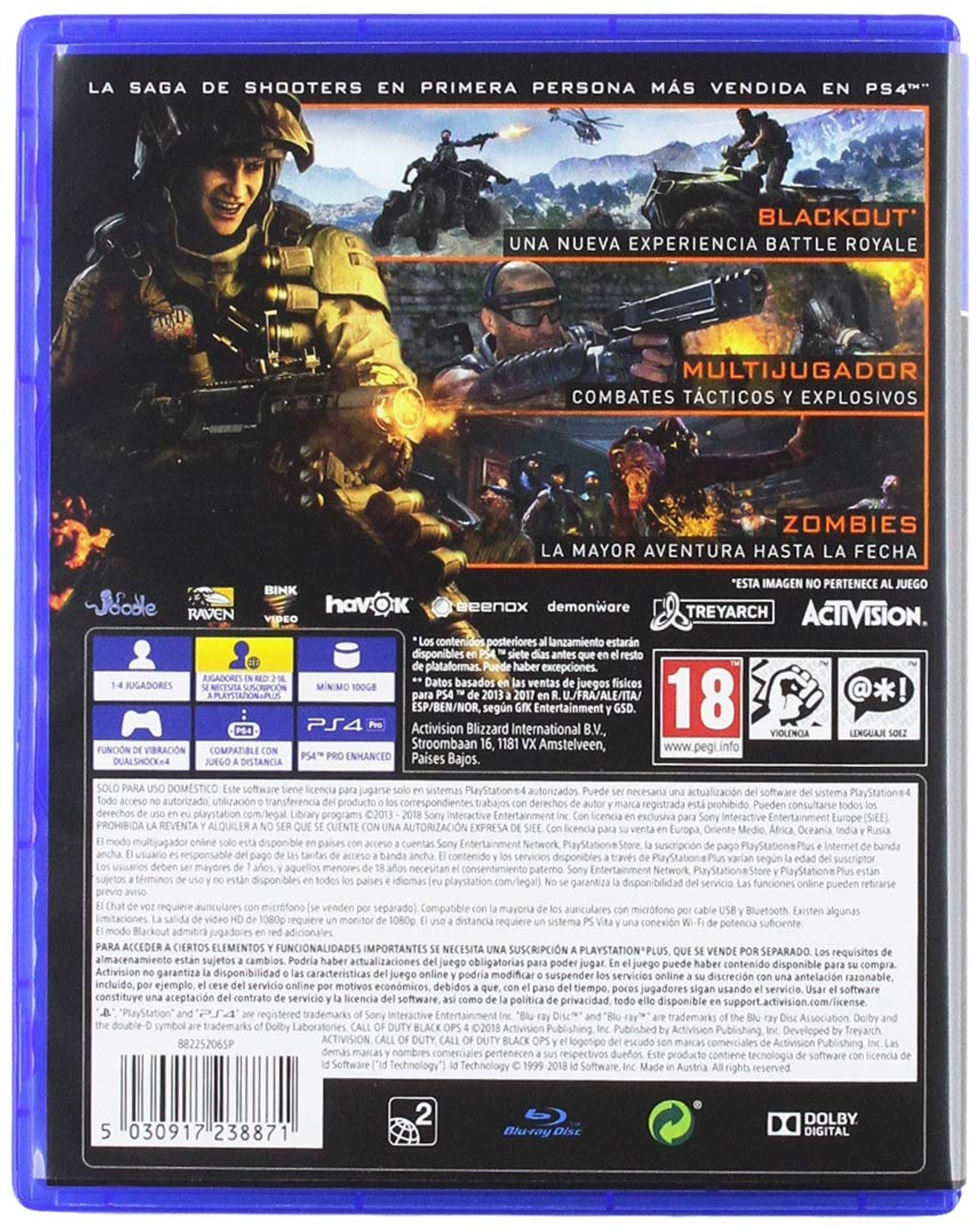 Retro di una scatola del gioco per PS4 di Call of Duty: Black Ops 4. Mostra le funzionalità e le immagini del gioco.