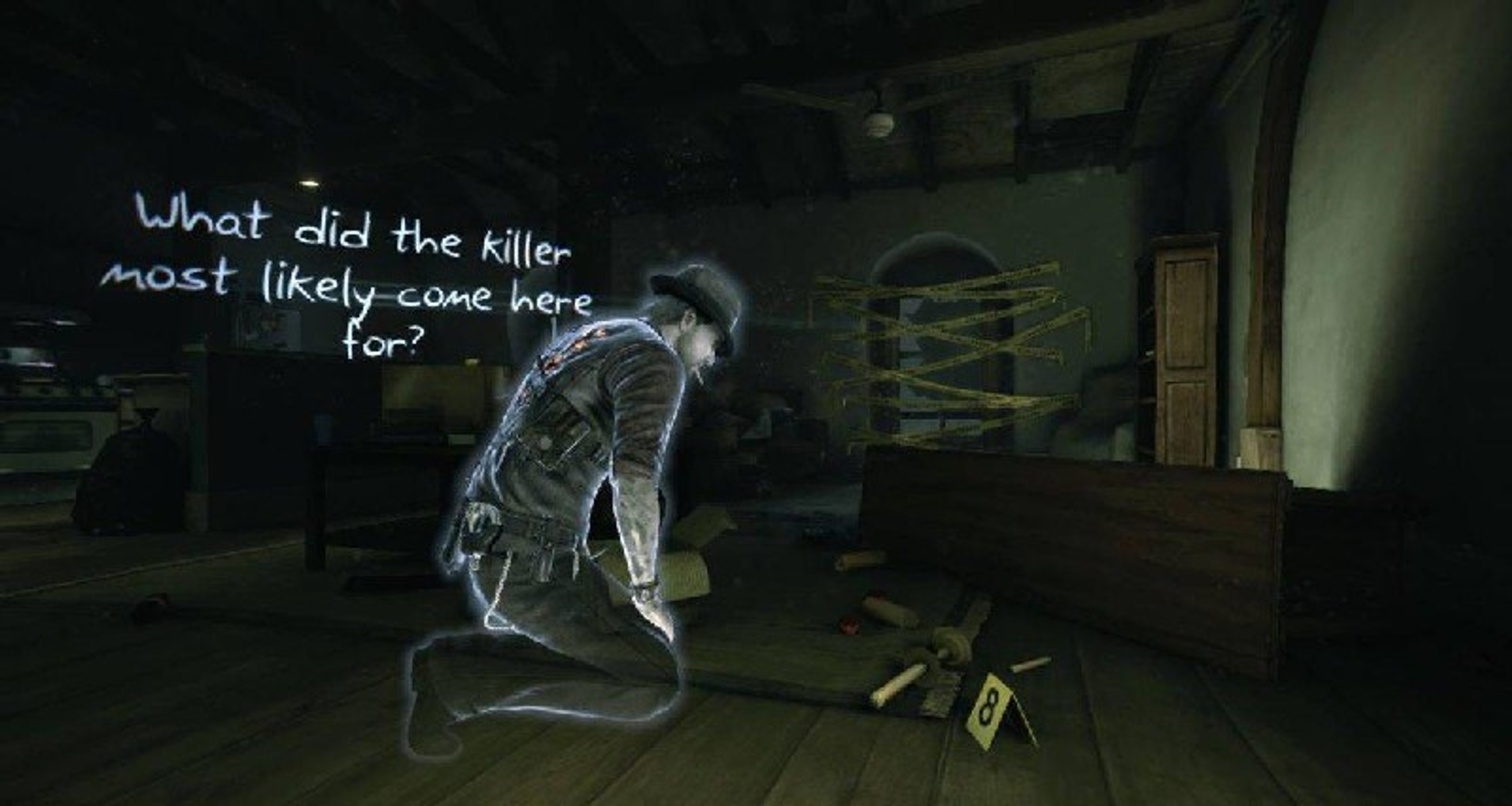 Upiór w ciemnym pokoju. Tekst powyżej brzmi: 'Po co morderca najprawdopodobniej tu przyszedł?'