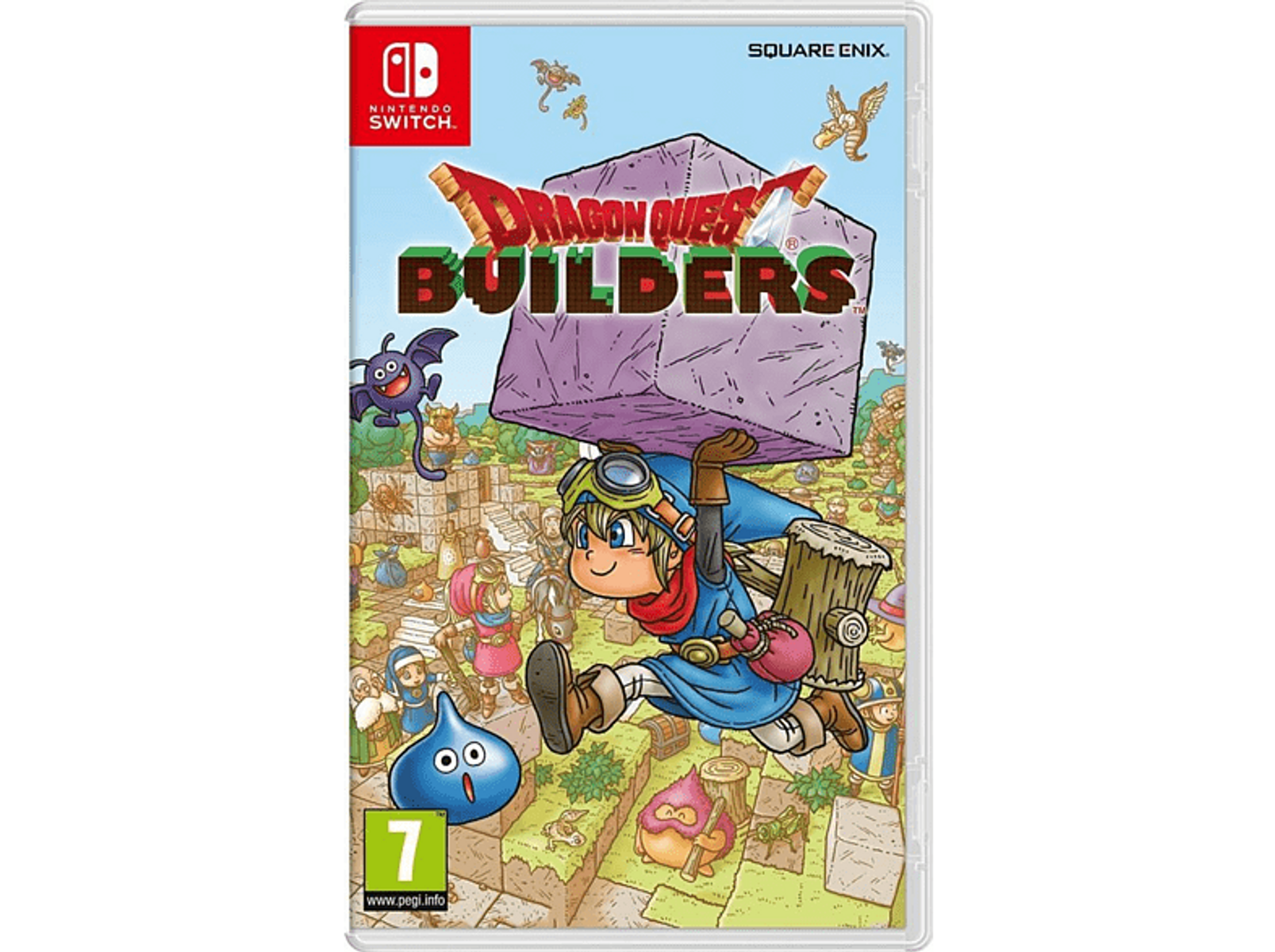 Okładka gry 'Dragon Quest Builders'. Postać z kreskówki niesie blok. Gra jest na etui Nintendo Switch.