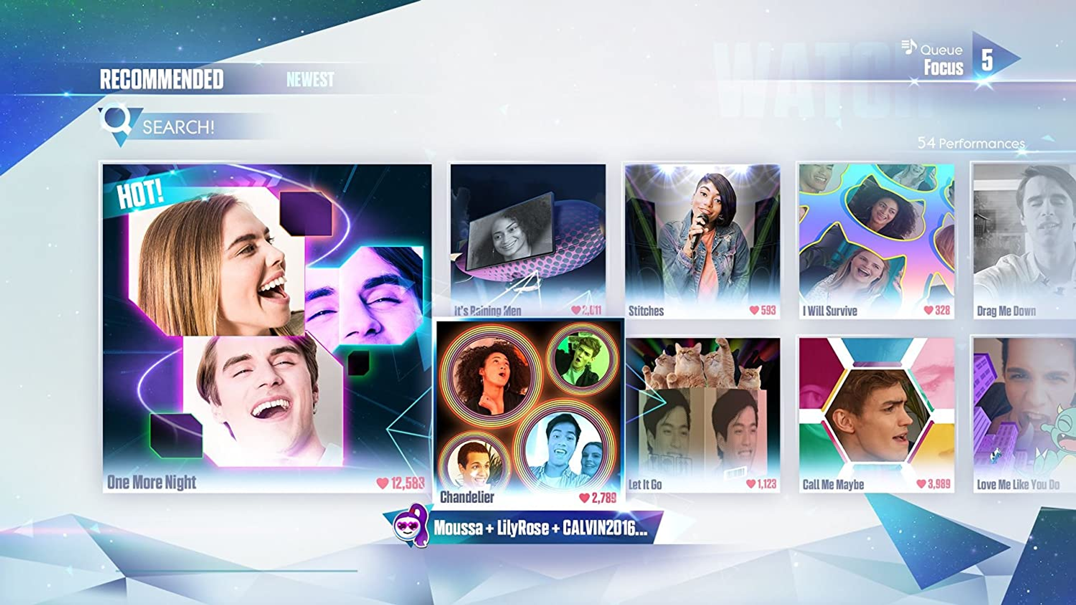 Menu gry Just Dance: Tańczące twarze, tytuły piosenek, interfejs gry, kolorowy design.