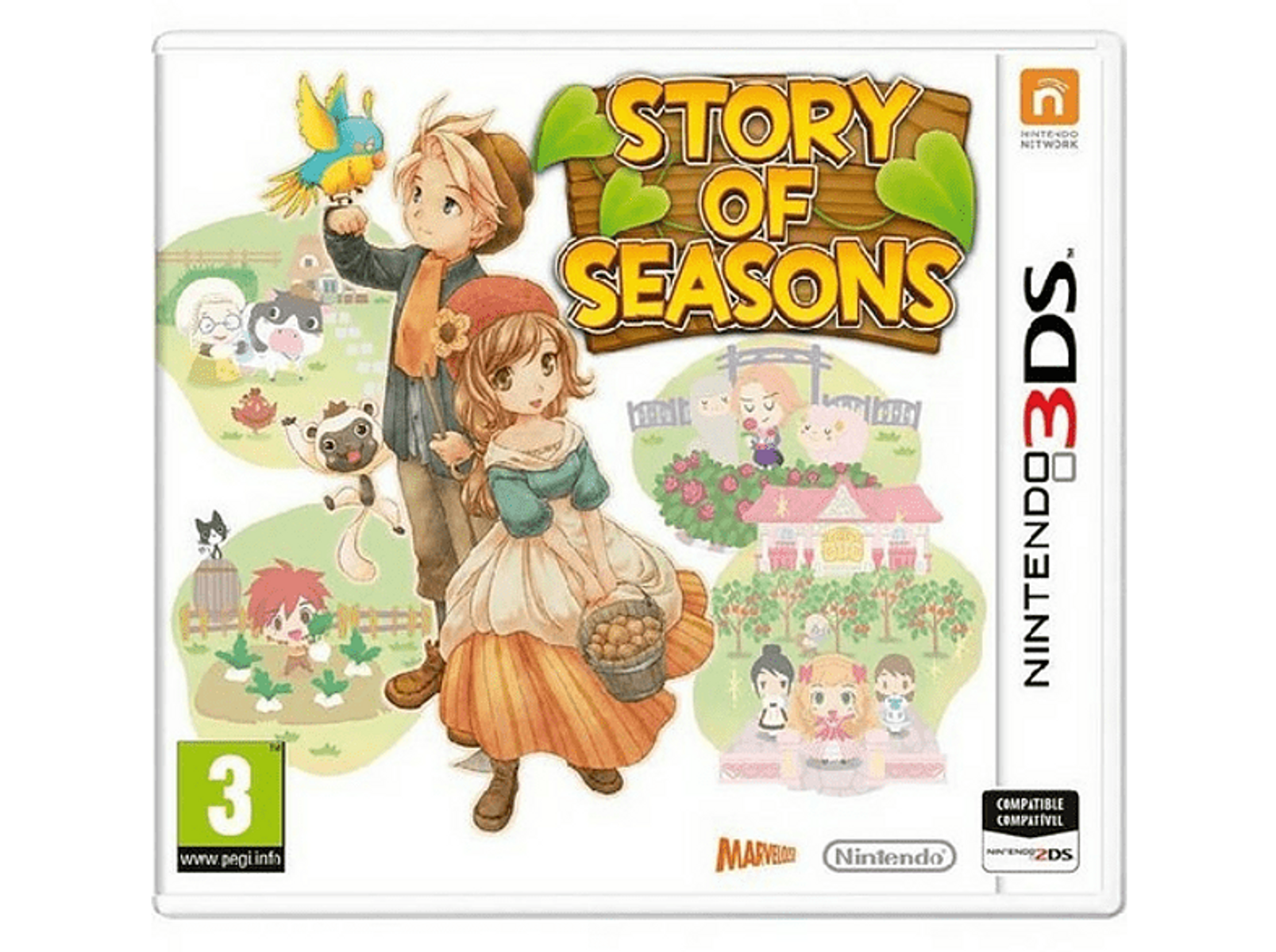 Pudełko gry Story of Seasons. Zawiera parę, zwierzęta i postacie z gry na białym tle.