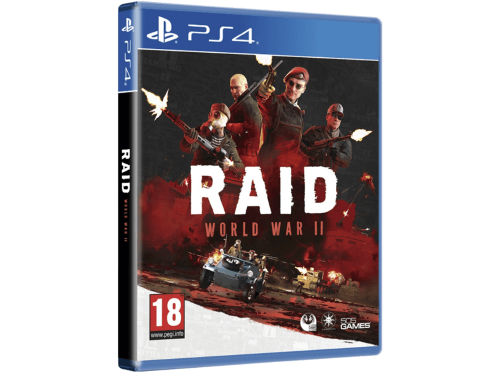 Portada del juego. Soldados de la II GM con armas. Esquema de color rojo y blanco. Título: RAID: World War II.