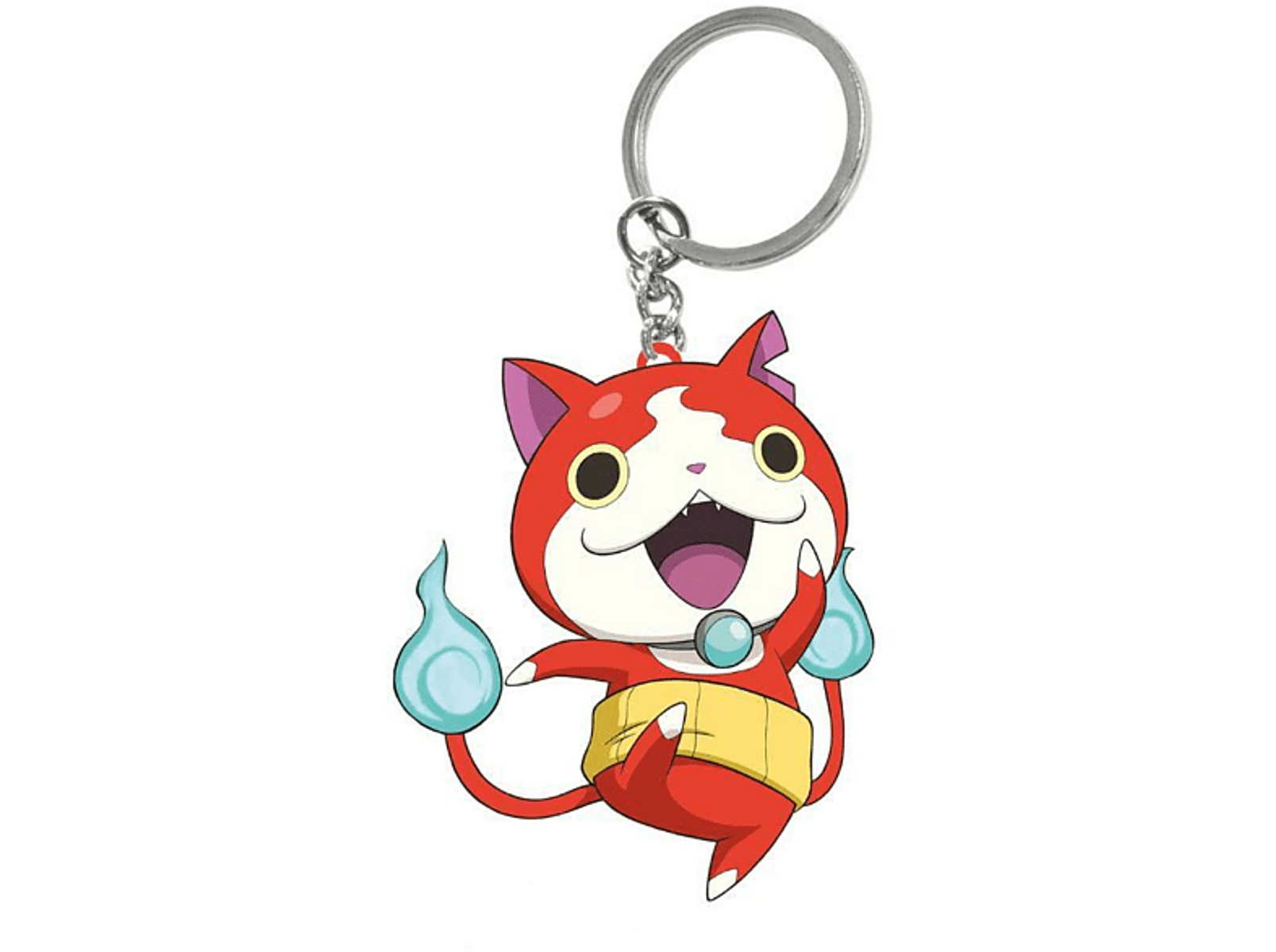 Czerwony brelok w kształcie kota z dużymi oczami i wesołym wyrazem twarzy wisi na srebrnym kółku.
