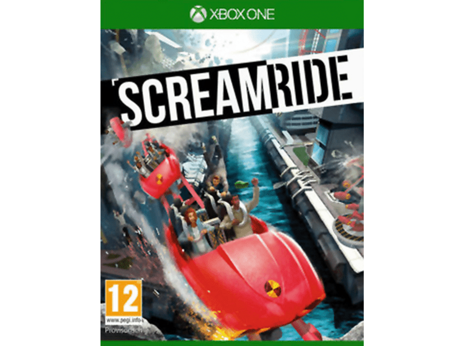 Okładka gry Screamride, czerwony rollercoaster, ludzie jadą, i tło miasta.