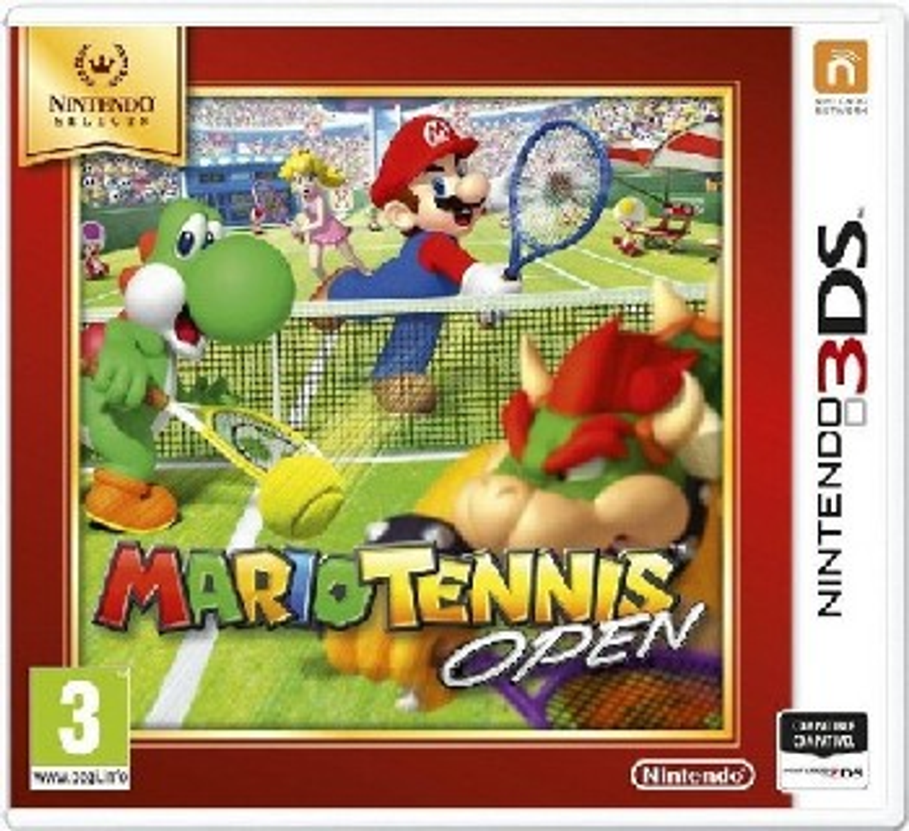 Pudełko gry: Mario Tennis Open. Postacie: Mario, Yoshi, Bowser i inni grają w tenisa.