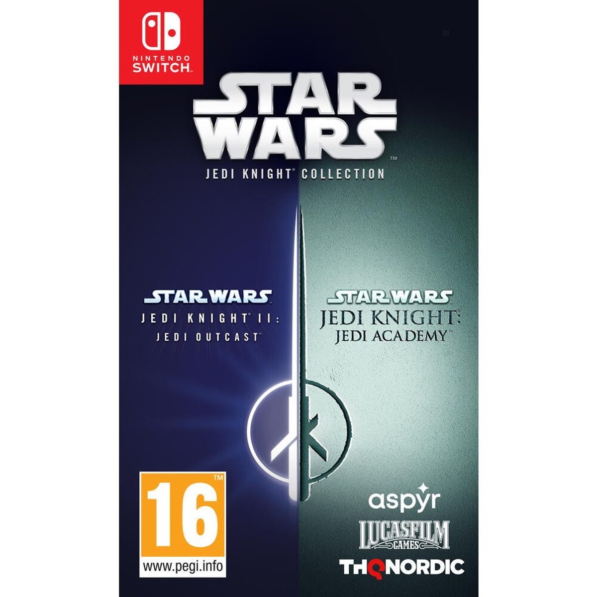 Pudełko z grą Star Wars Jedi Knight Collection na Nintendo Switch. Pudełko jest podzielone na dwie części.