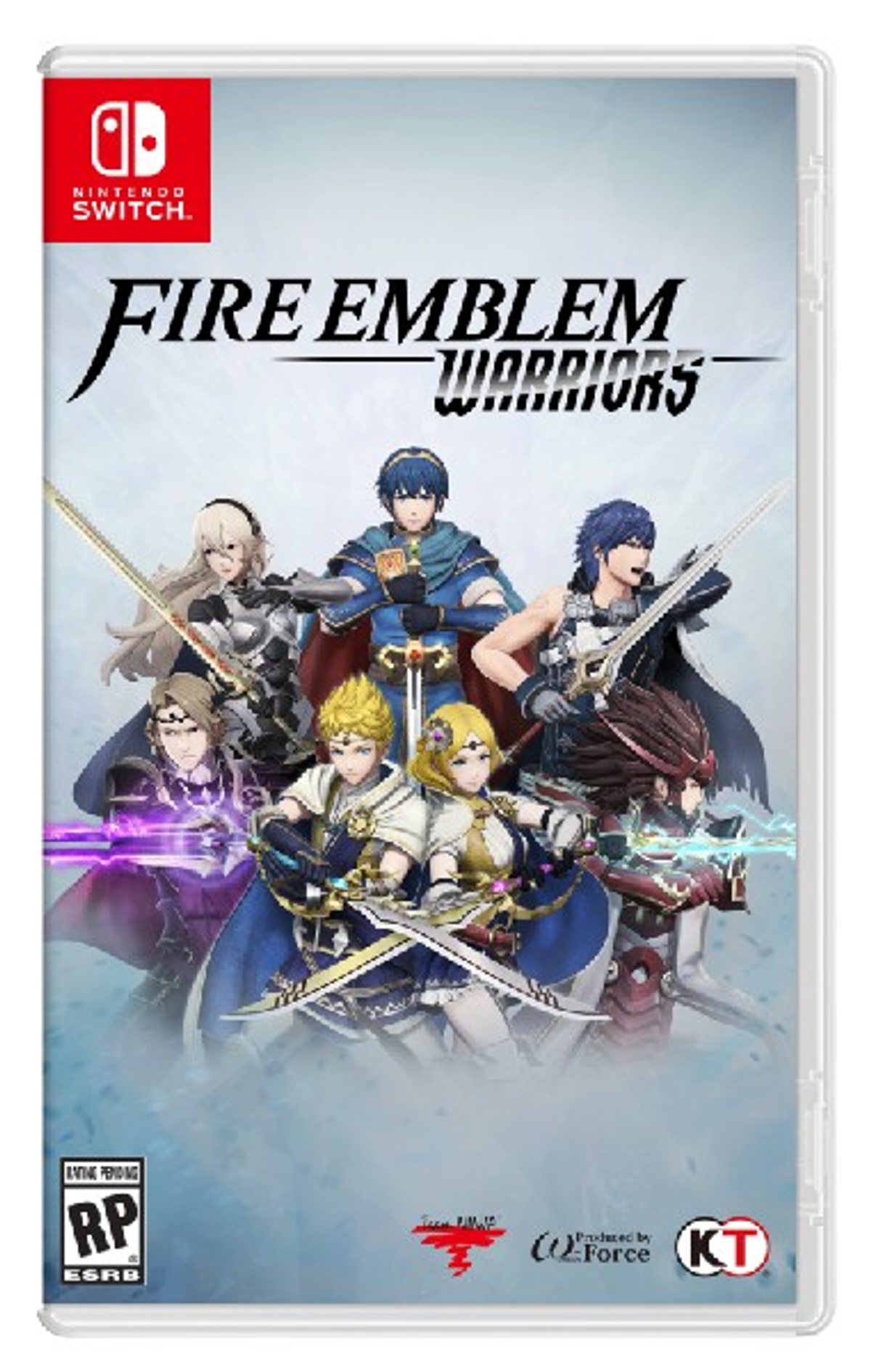 Okładka gry. Wiele postaci anime z mieczami. Tytuł: Fire Emblem Warriors, logo Nintendo Switch.