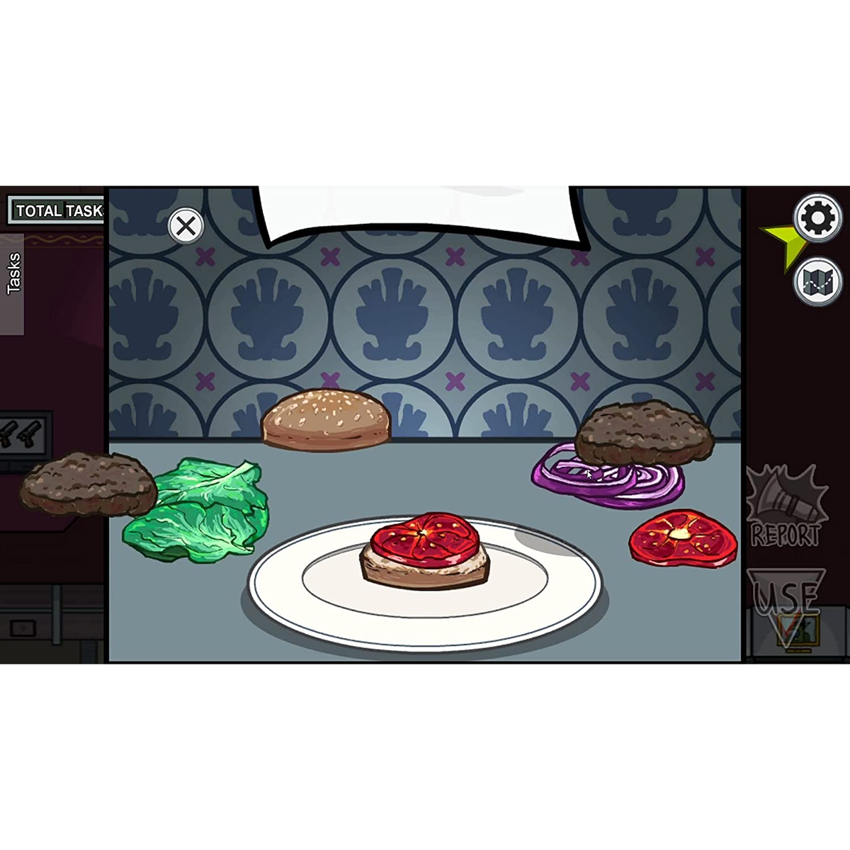 Una scena del gioco Among Us: assemblaggio di hamburger. Gli ingredienti sono disposti su un tavolo, pronti per l'assemblaggio.