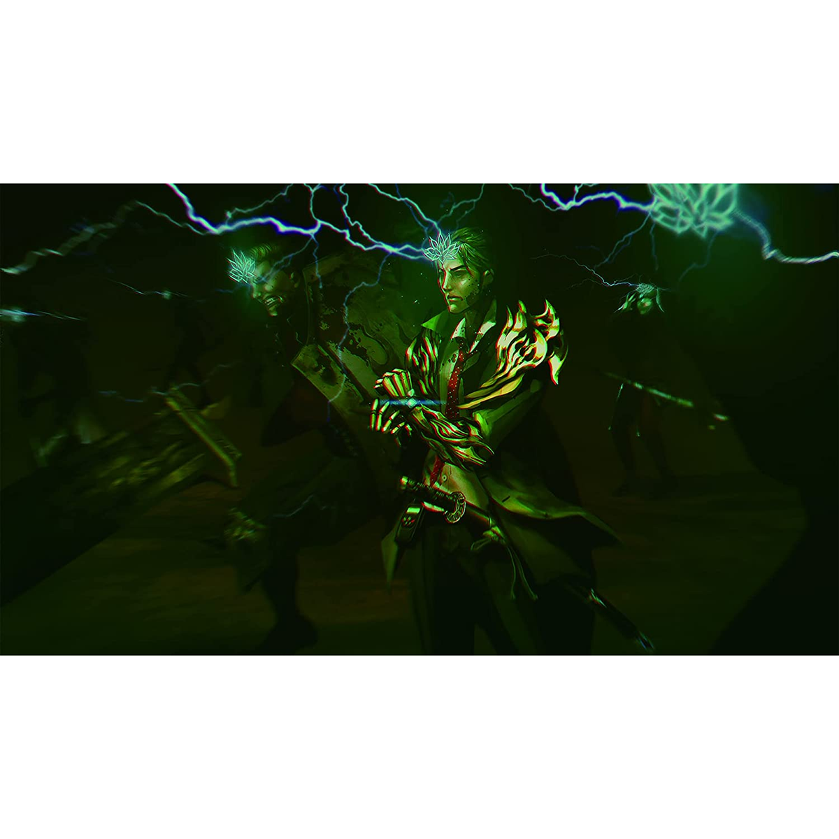 Zielony obraz postaci trzymającej broń, z błyskawicami.