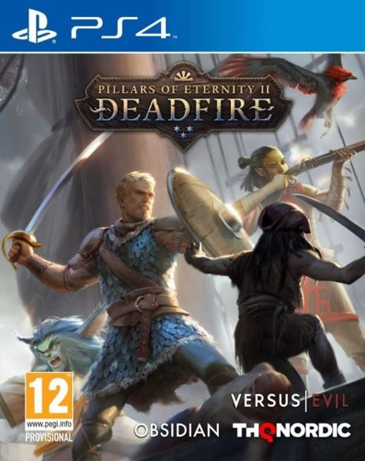 Copertina del gioco Pillars of Eternity II: Deadfire. Personaggi in battaglia su una nave. Il titolo del gioco è visibile.
