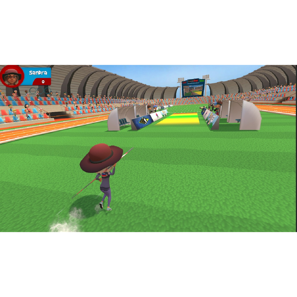 Eine Zeichentrickfigur spielt ein Spiel in einem Stadion. Grünes Feld, Publikum und Anzeigetafel im Hintergrund.