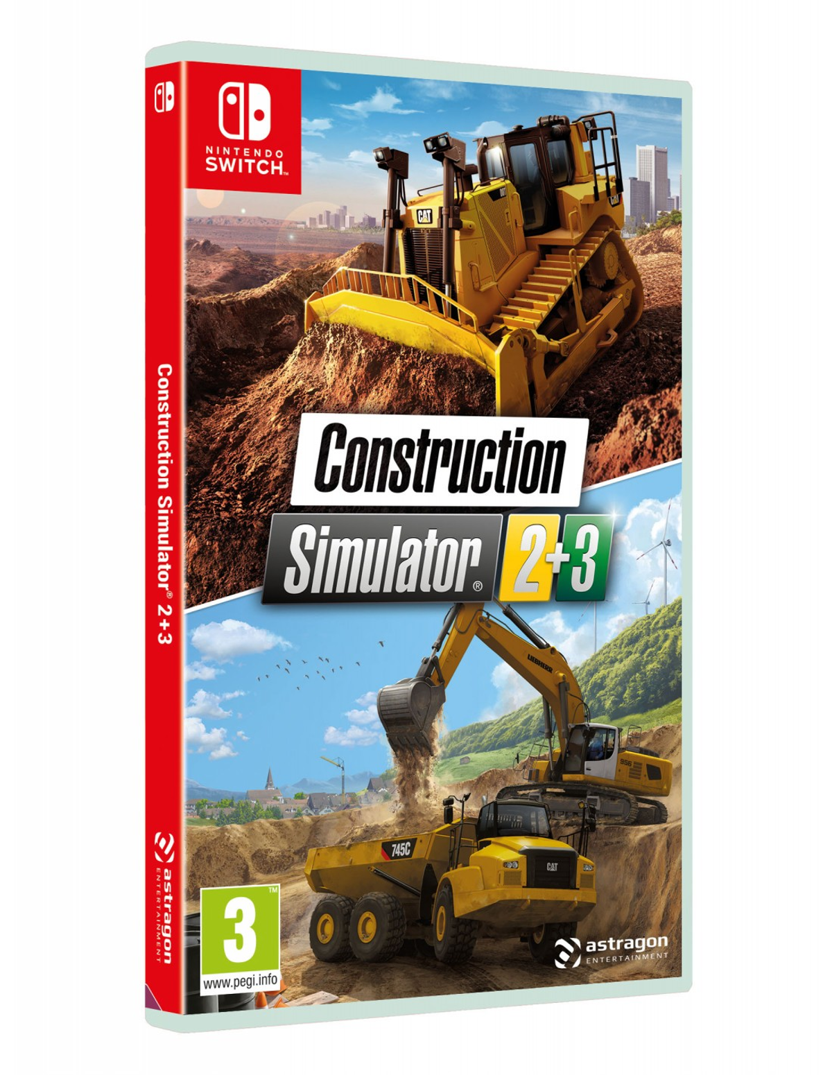 Etui na grę Nintendo Switch, 'Construction Simulator 2+3', z pojazdami budowlanymi na okładce.