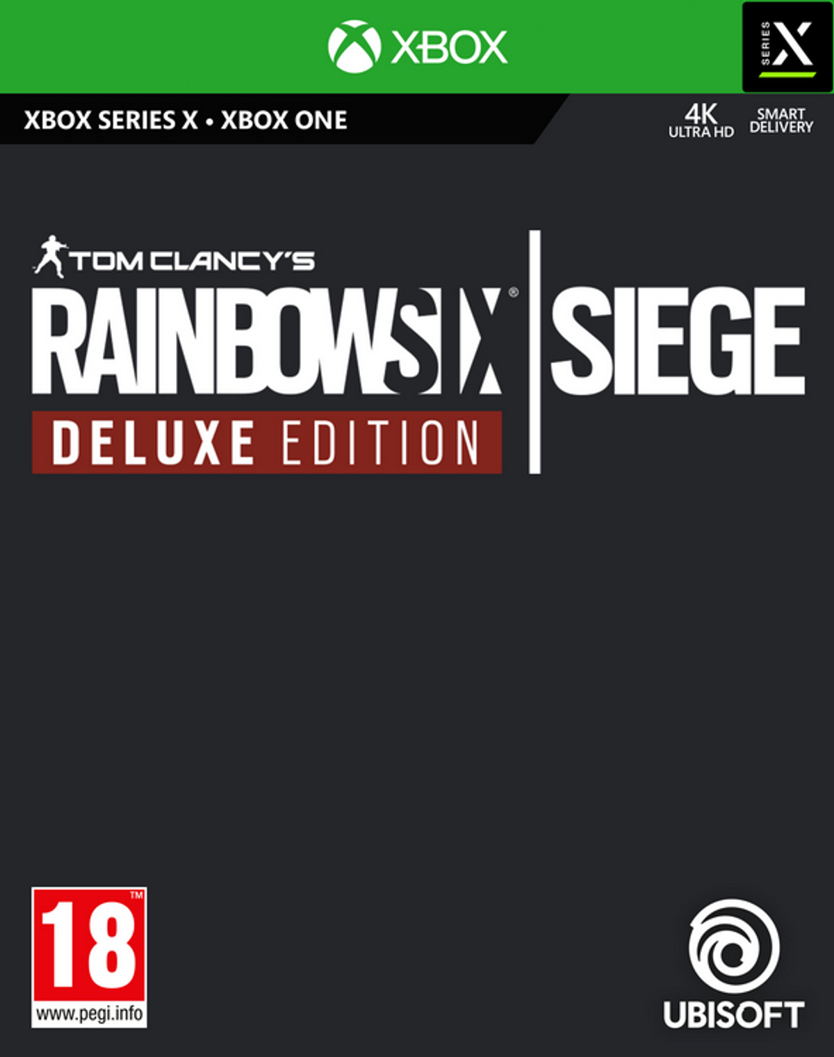 Okładka gry Tom Clancy's Rainbow Six Siege Deluxe Edition. Biały tekst na ciemnym tle. Xbox Series X.