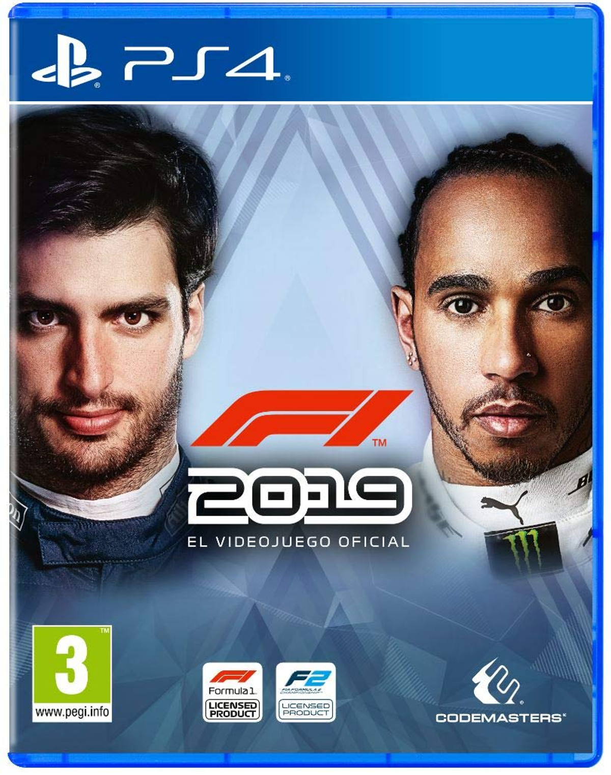 Okładka gry F1 2019. Dwóch mężczyzn, jeden w kombinezonie wyścigowym i oficjalne logo gry z logo PS4.