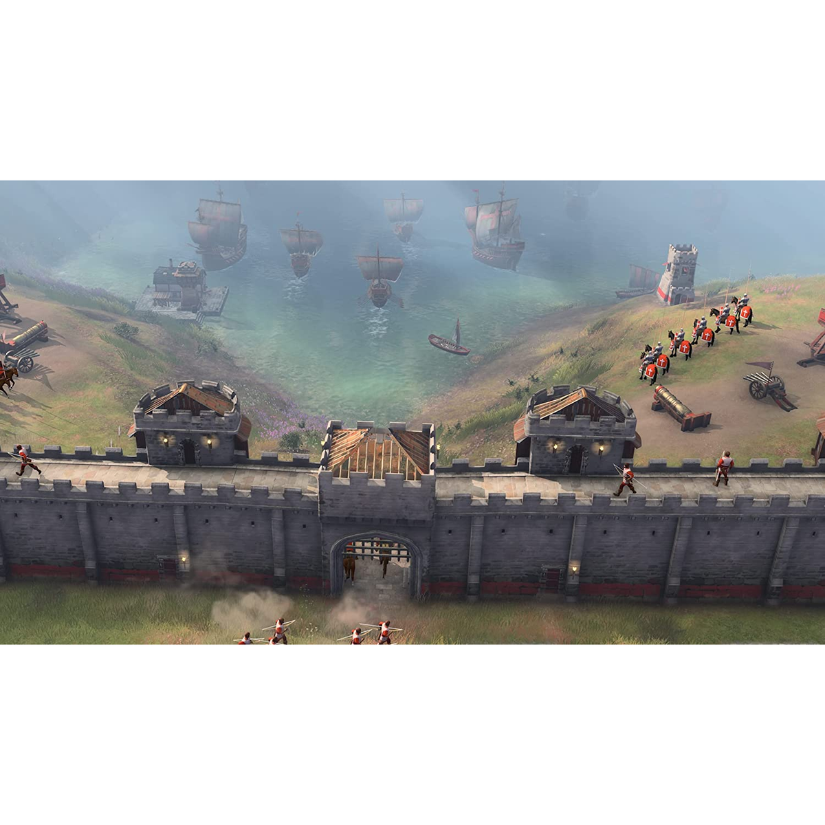 Una escena de juego con barcos medievales, una muralla de castillo y soldados con uniformes rojos.
