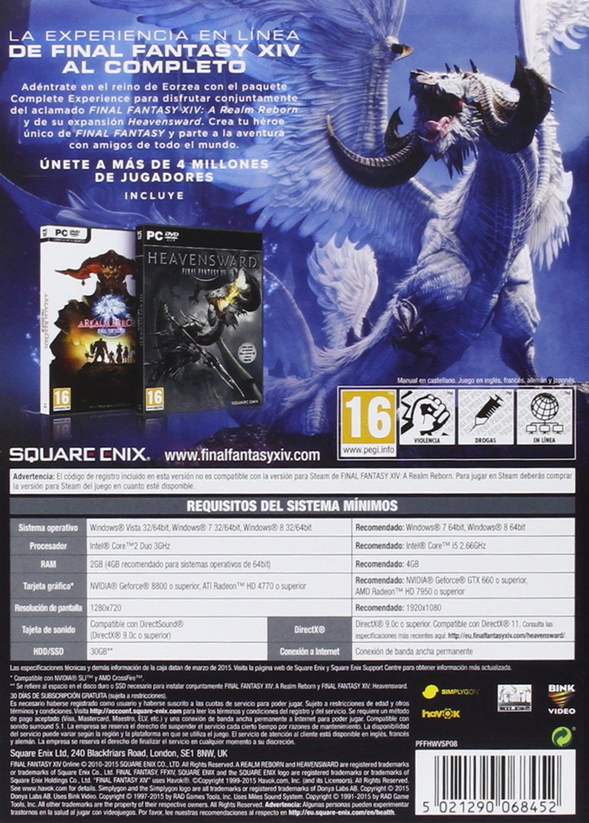 Tylna okładka 'Final Fantasy XIV: Heavensward'. Przedstawia smoka i szczegóły gry. To gra na PC.