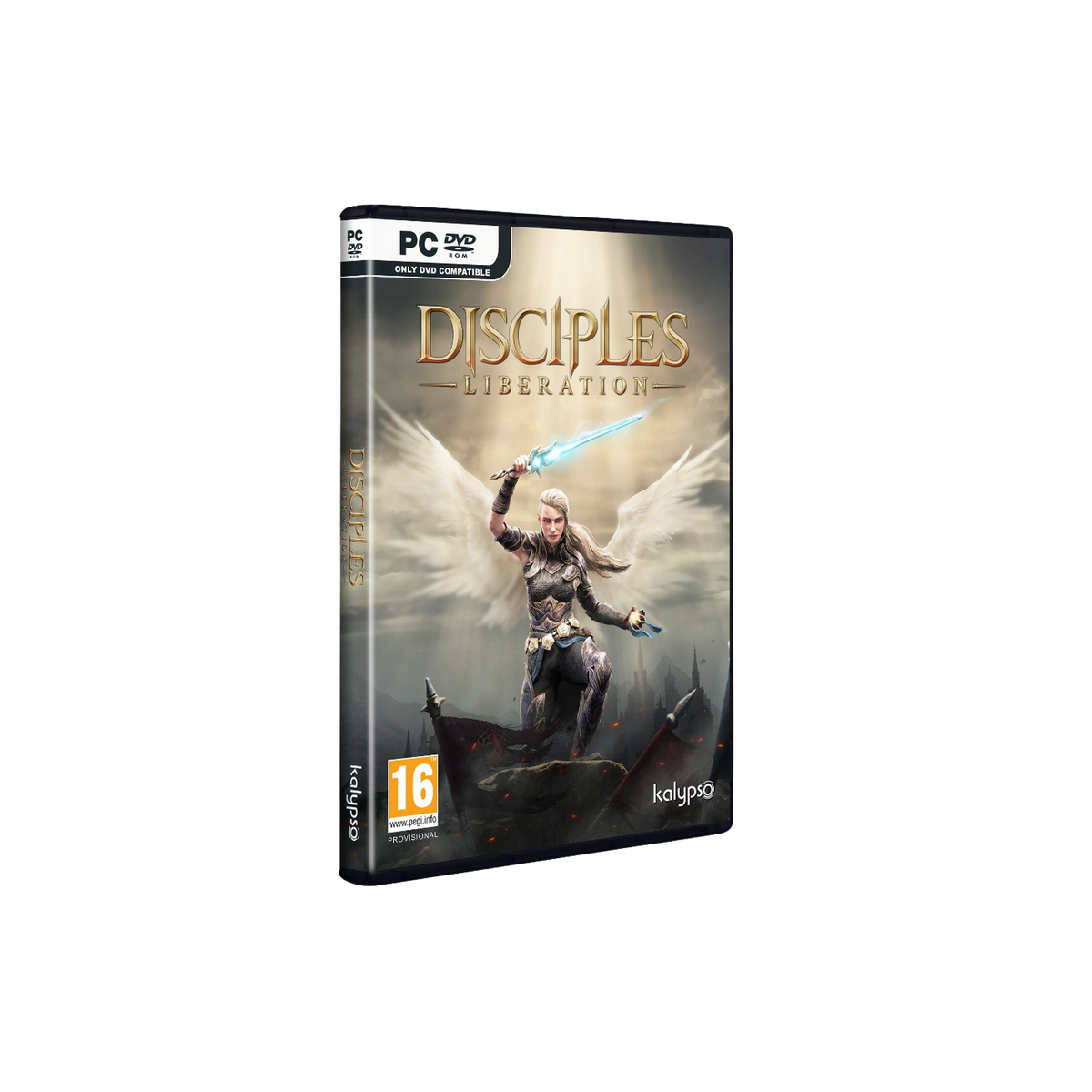 Okładka gry Disciples: Liberation. Kobieta-wojownik ze skrzydłami trzymająca miecz, w scenerii fantasy.