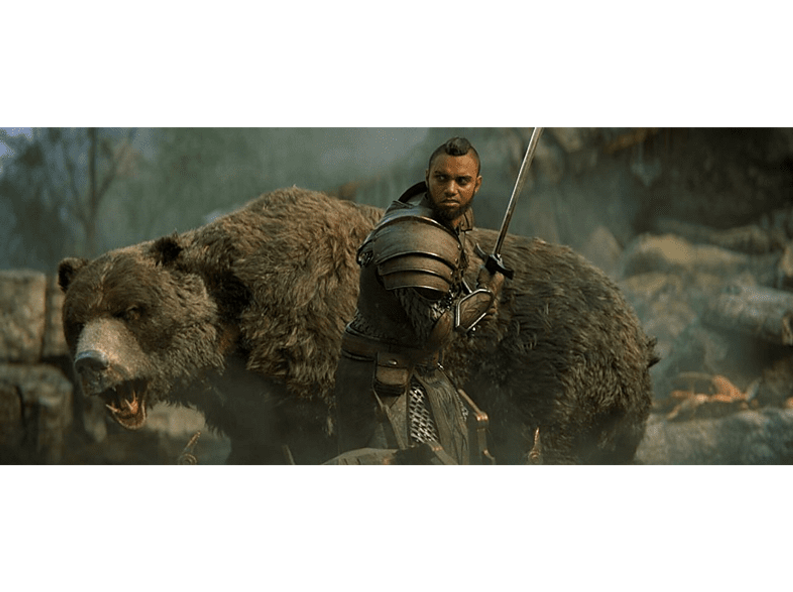 Wojownik z mieczem przeciwko niedźwiedziowi. Tło: skały i las.