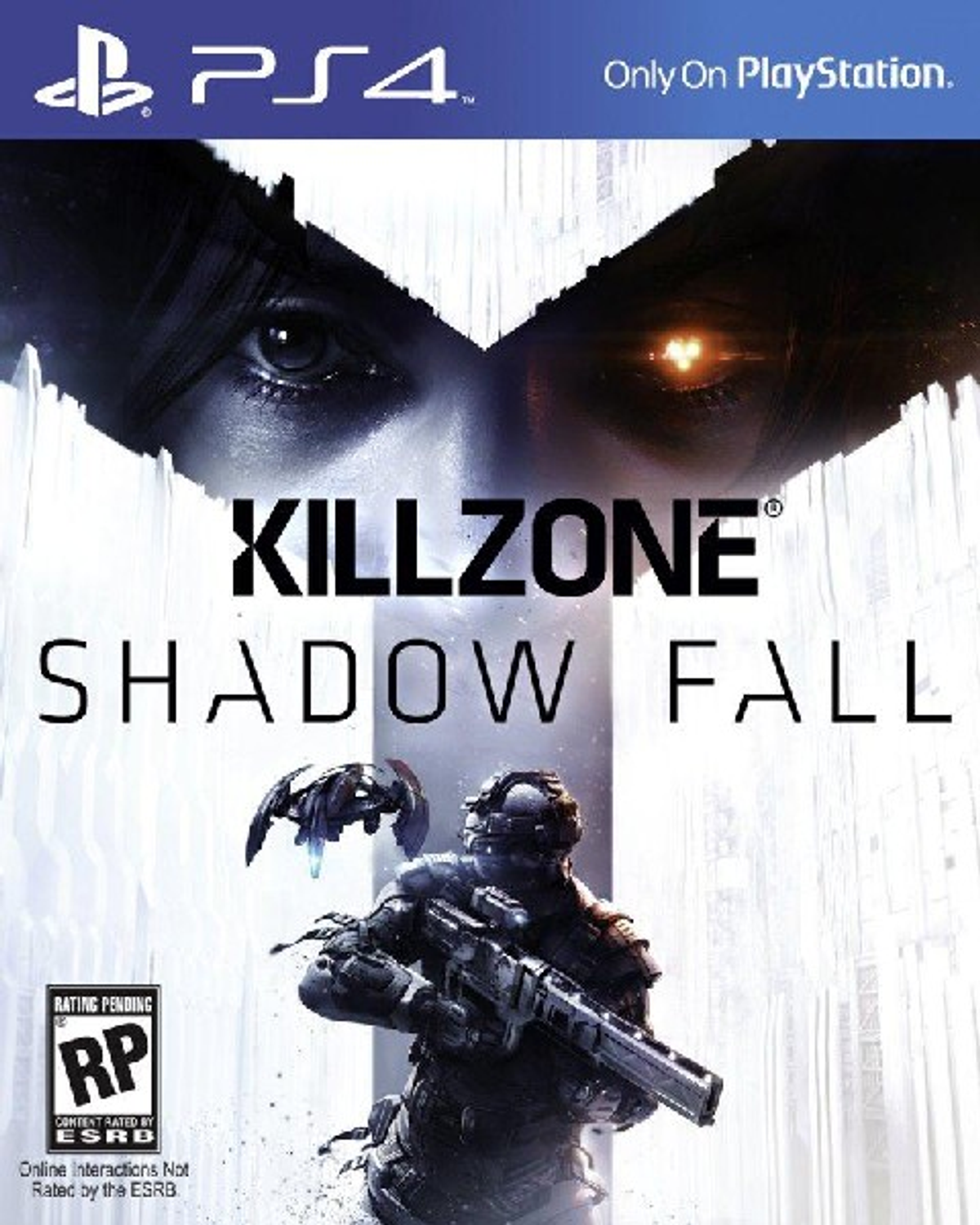 Portada del juego Killzone: Shadow Fall. Presenta los ojos de una mujer y un soldado con un arma.