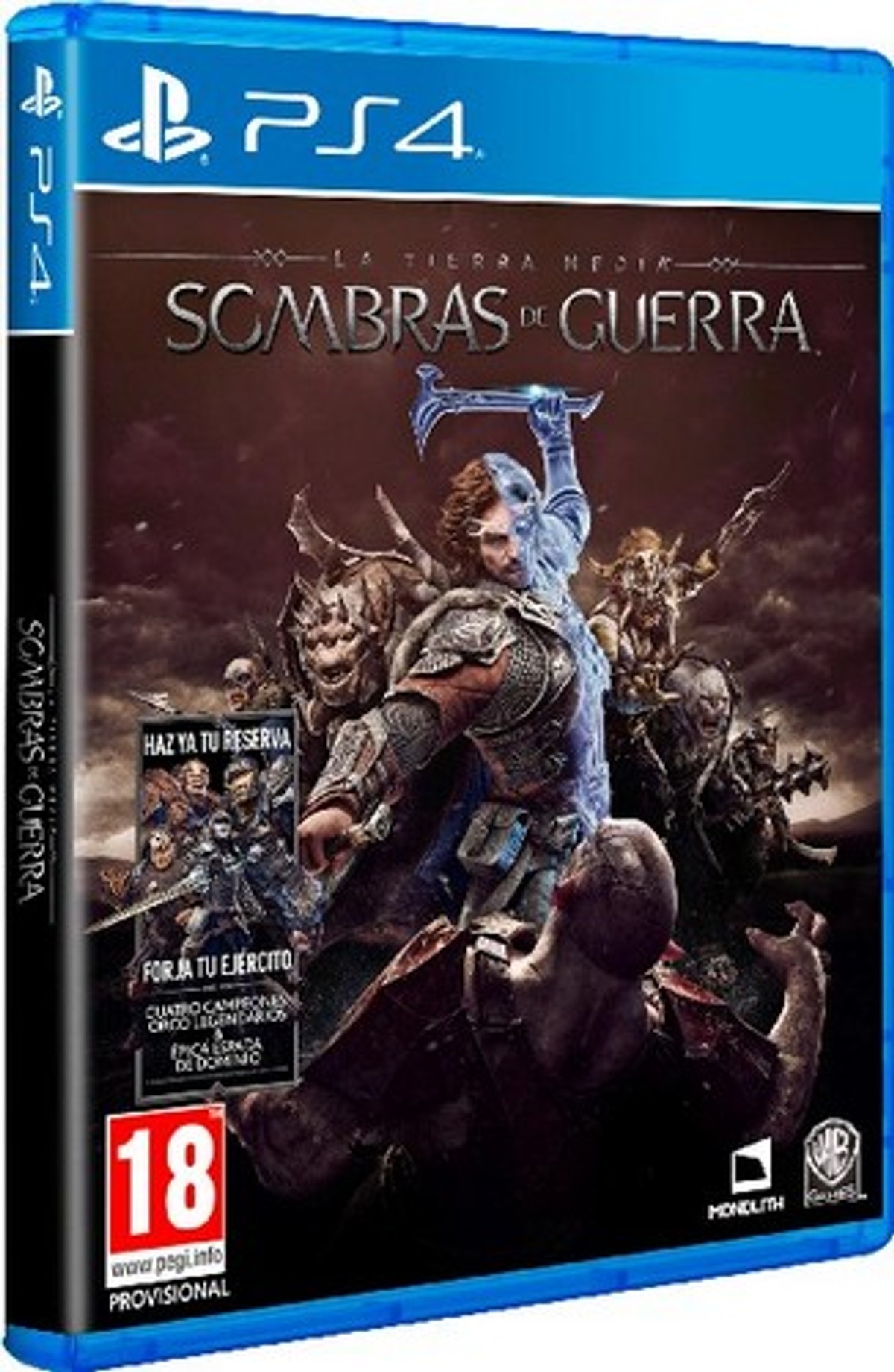 Copertina gioco PS4: La Terra di Mezzo: L'Ombra della Guerra. Personaggi in armatura, scena d'azione, testo e logo.