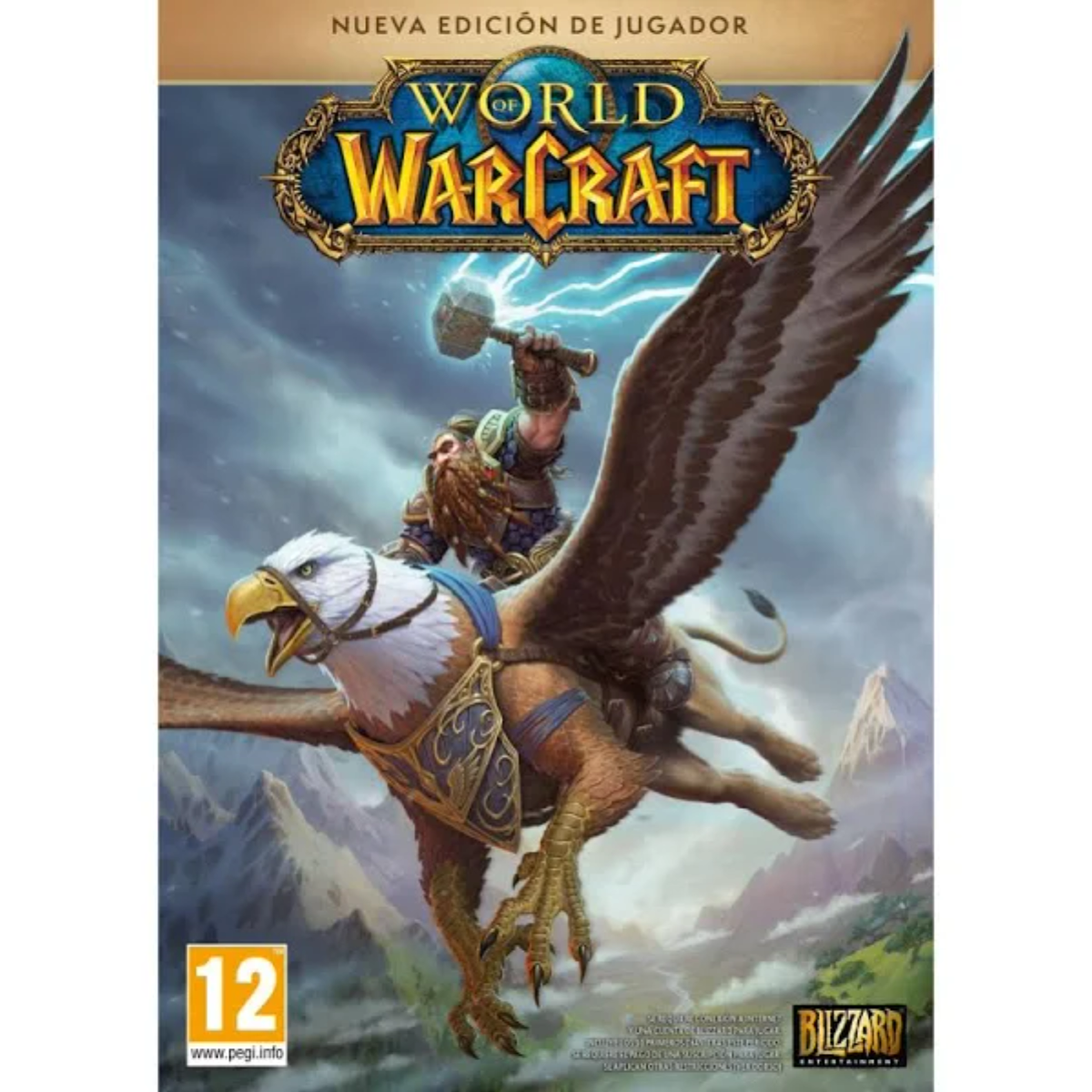 Pudełko gry World of Warcraft. Krasnolud dosiada gryfa. Widoczny tytuł gry i ocena 12.