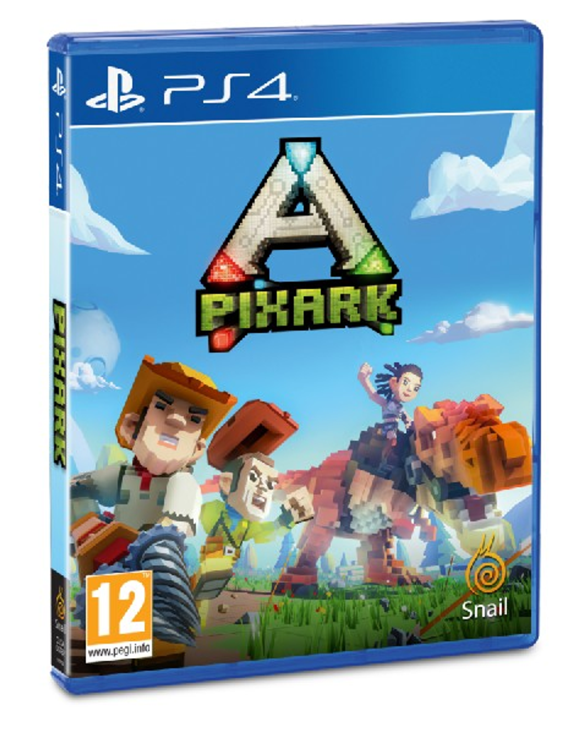Copertina del gioco con personaggi pixelati, un dinosauro e un paesaggio a cartoni animati.