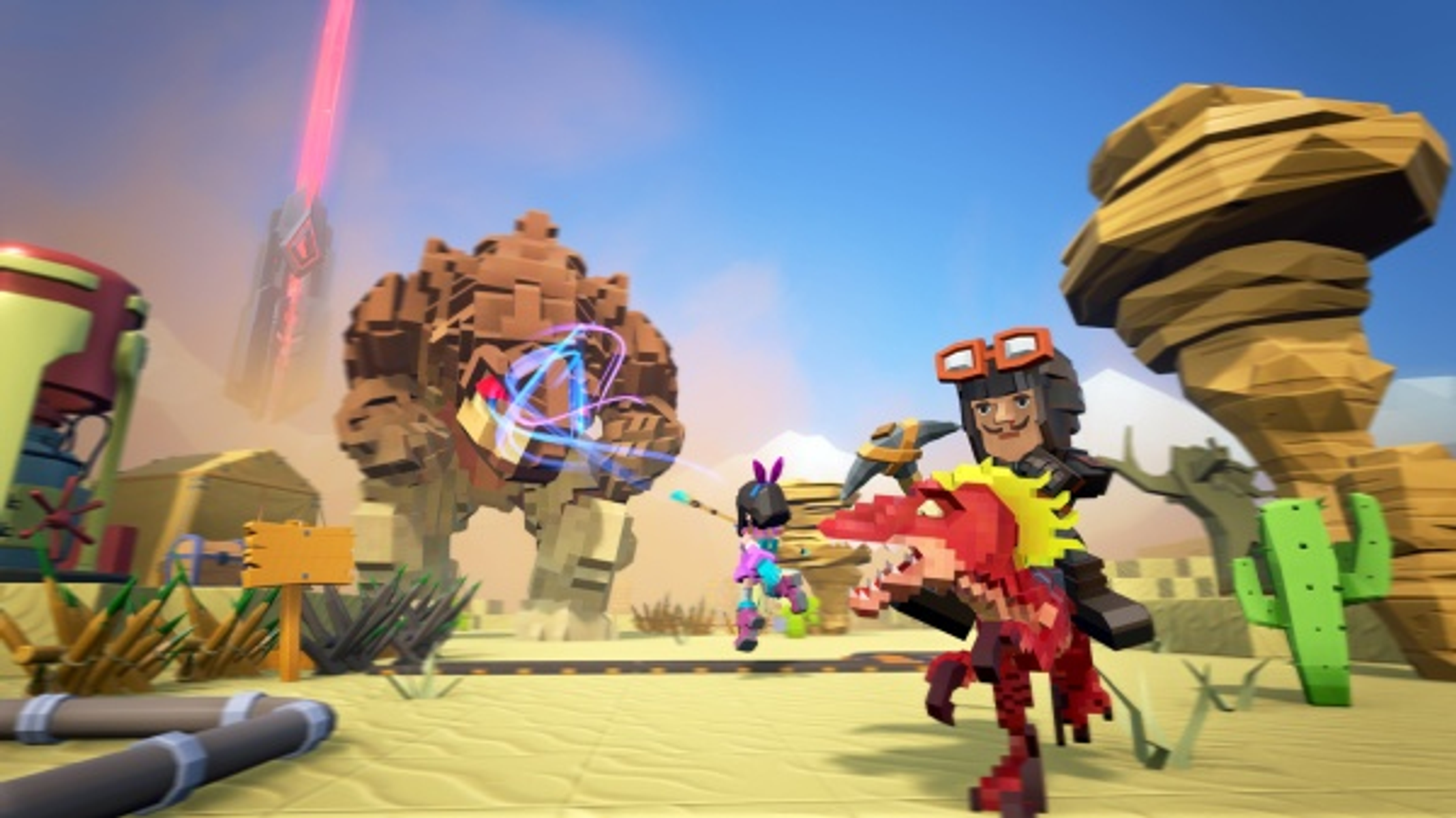 Scena di gioco sandbox con personaggi squadrati, un grande mostro marrone e un ambiente desertico con un raggio rosa.
