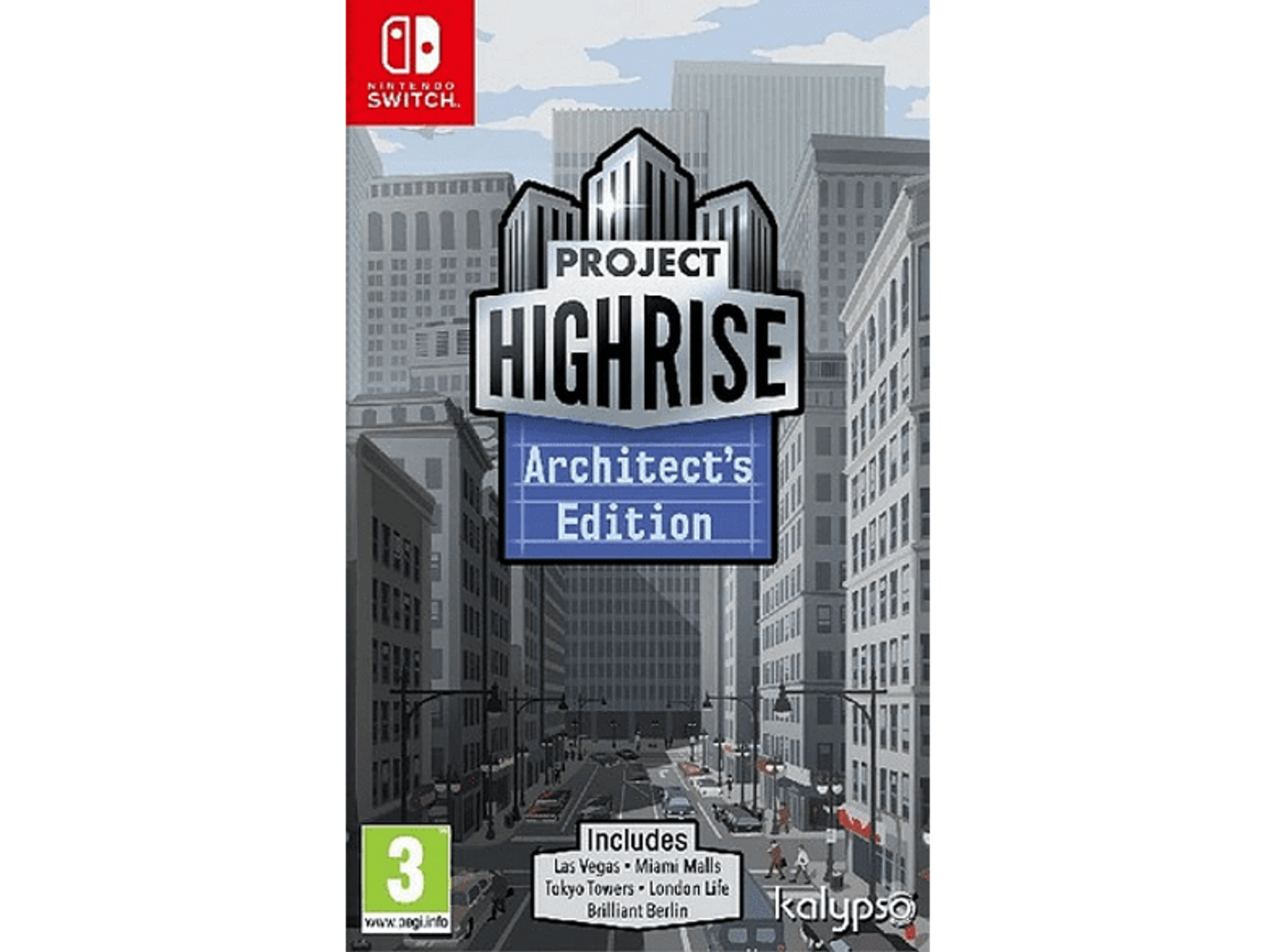 Copertina del gioco: Project Highrise, Architect's Edition, su confezione Nintendo Switch, sfondo urbano.