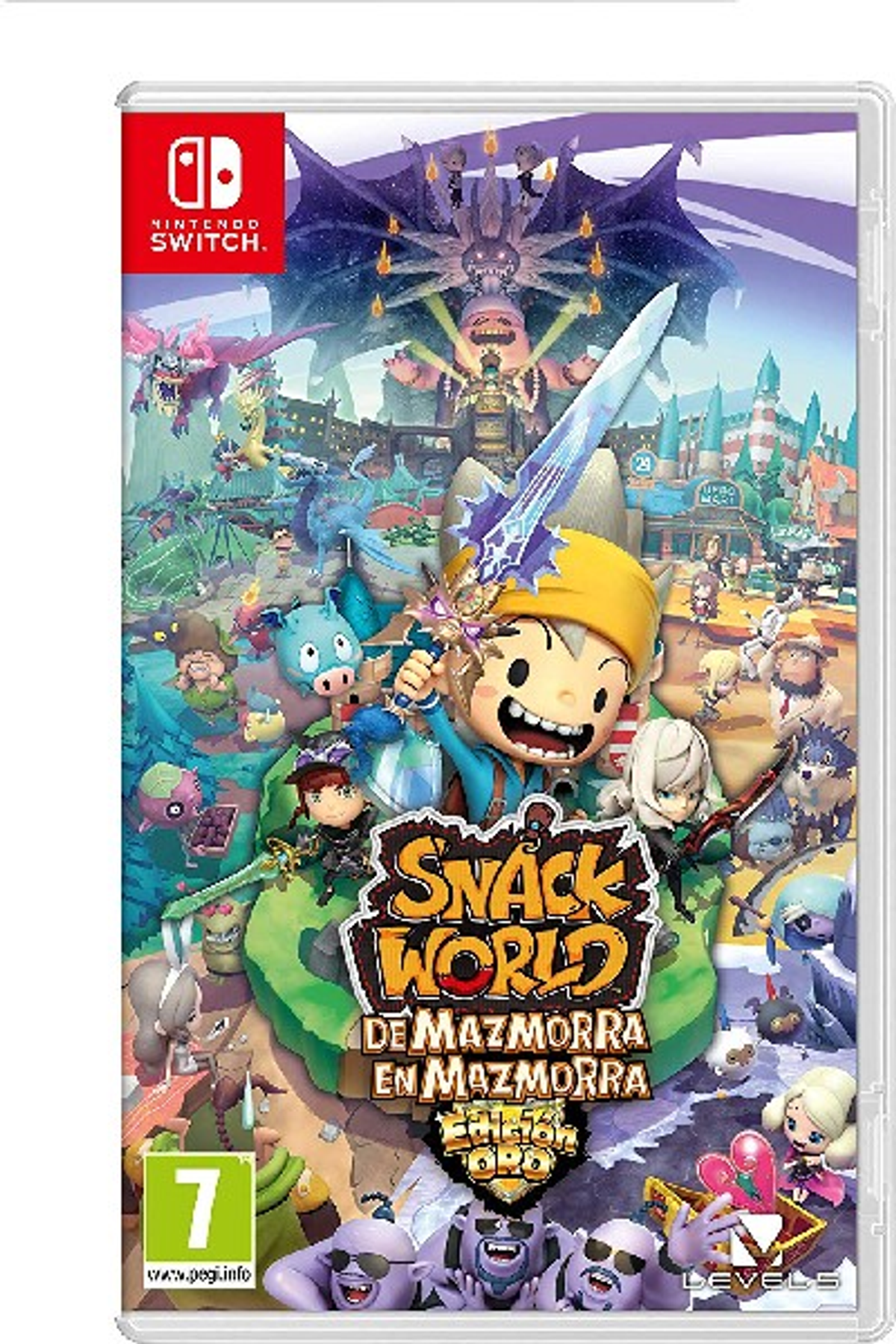 Pudełko gry Snack World. Postacie z kreskówek, bohater z mieczem, logo Switch.