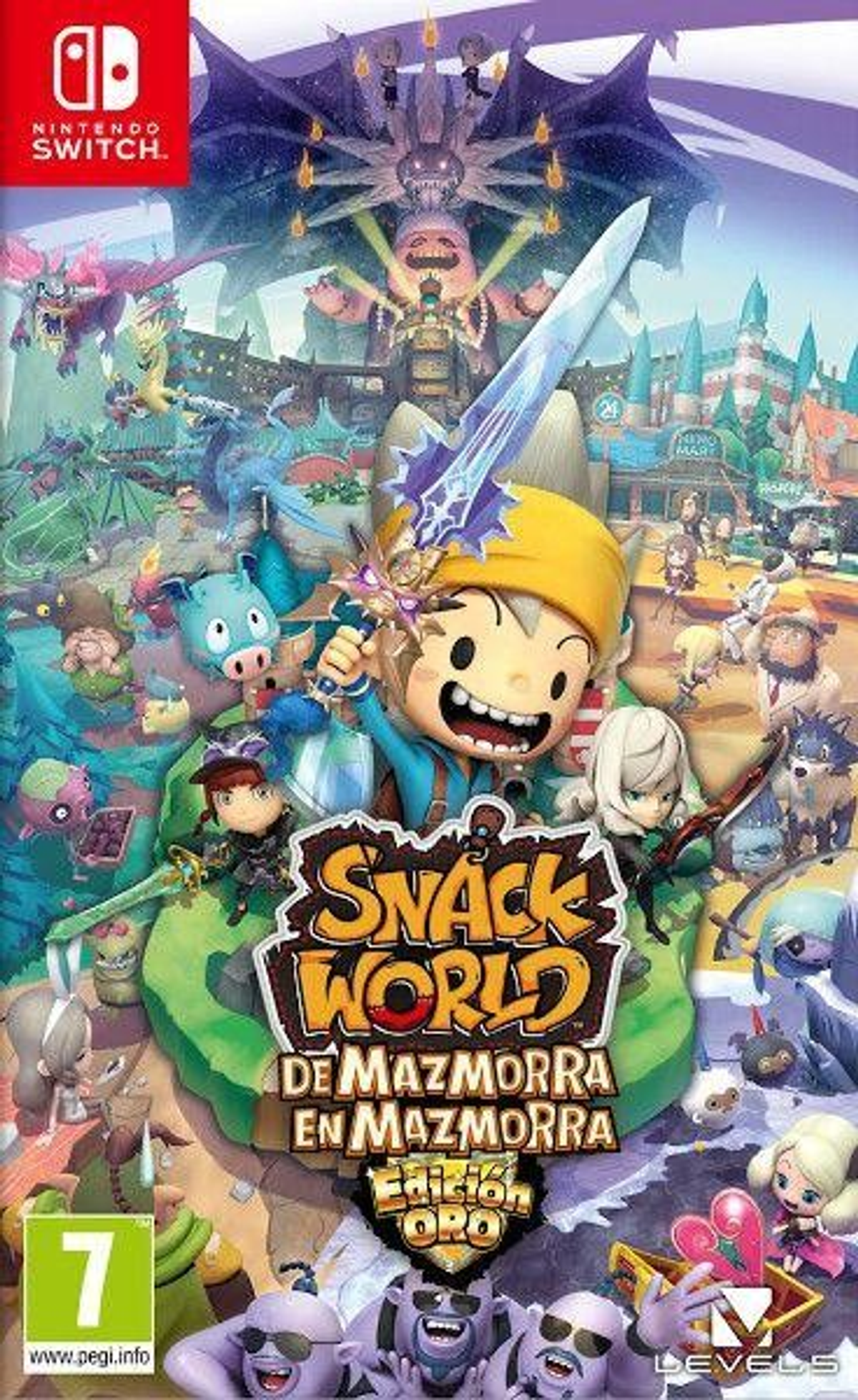 Grafika pudełka gry Snack World z postaciami.