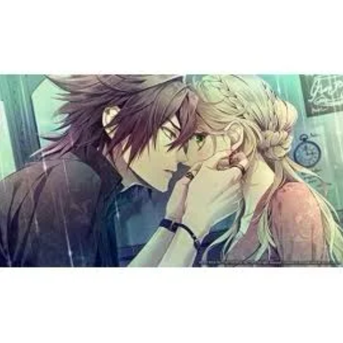 Escena de anime: Un hombre y una mujer mirándose, a punto de besarse.