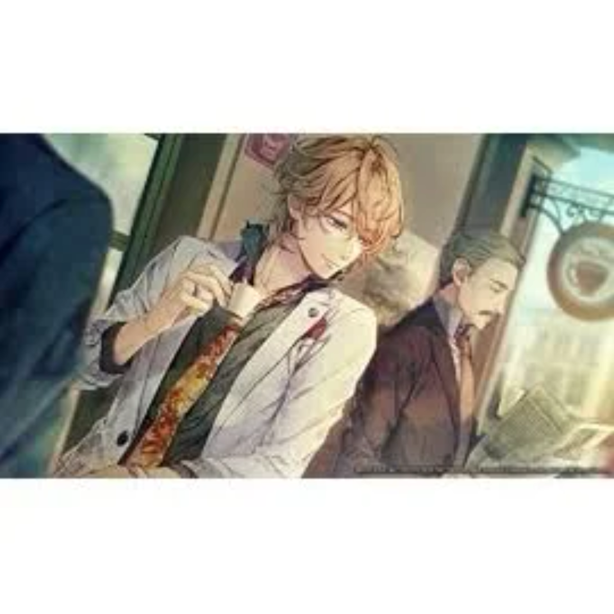 Un dibujo de estilo anime de dos hombres en un café, uno sosteniendo una taza de café.