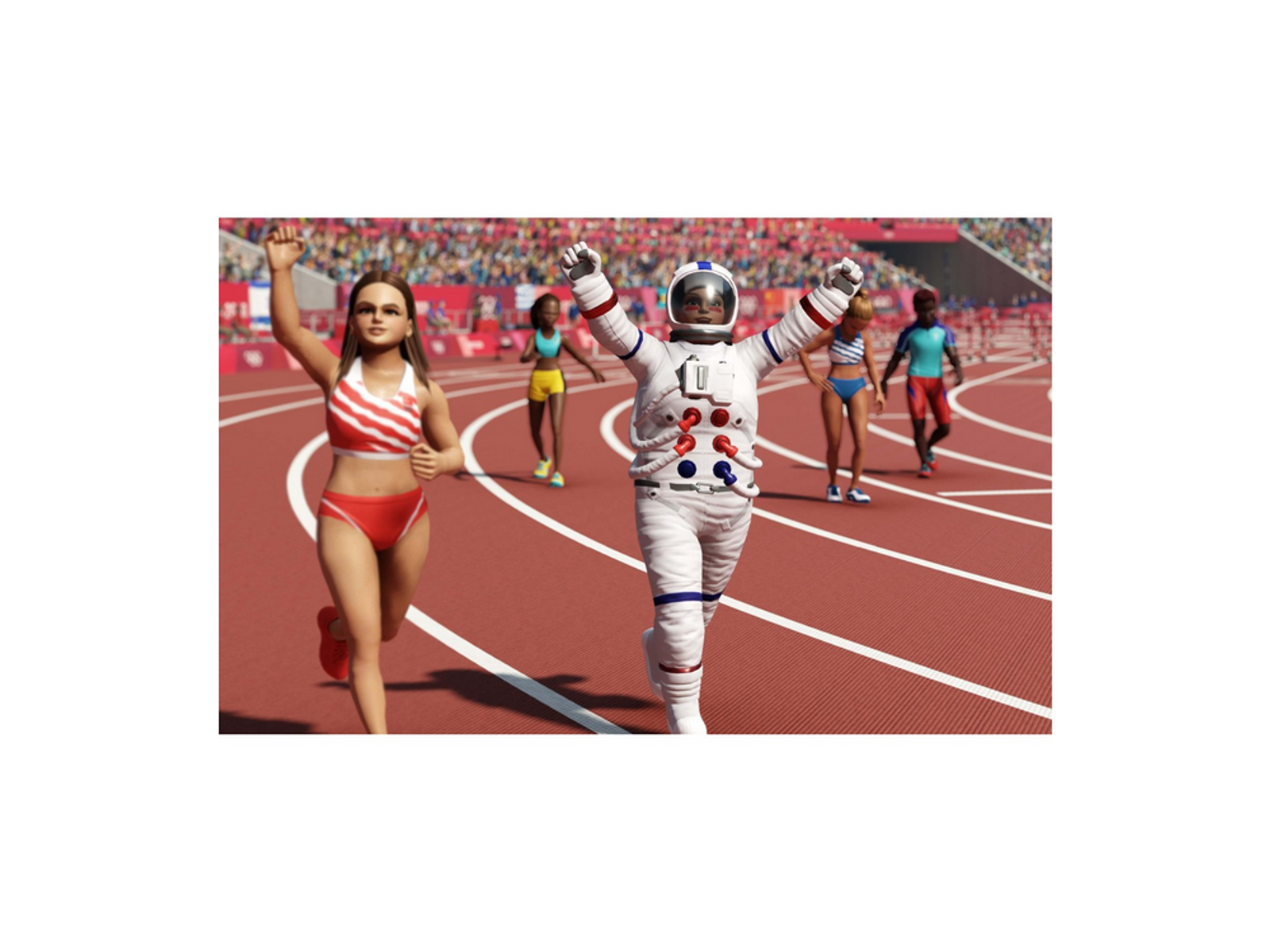 Atletas corriendo en una carrera. Un astronauta está ganando, animando.