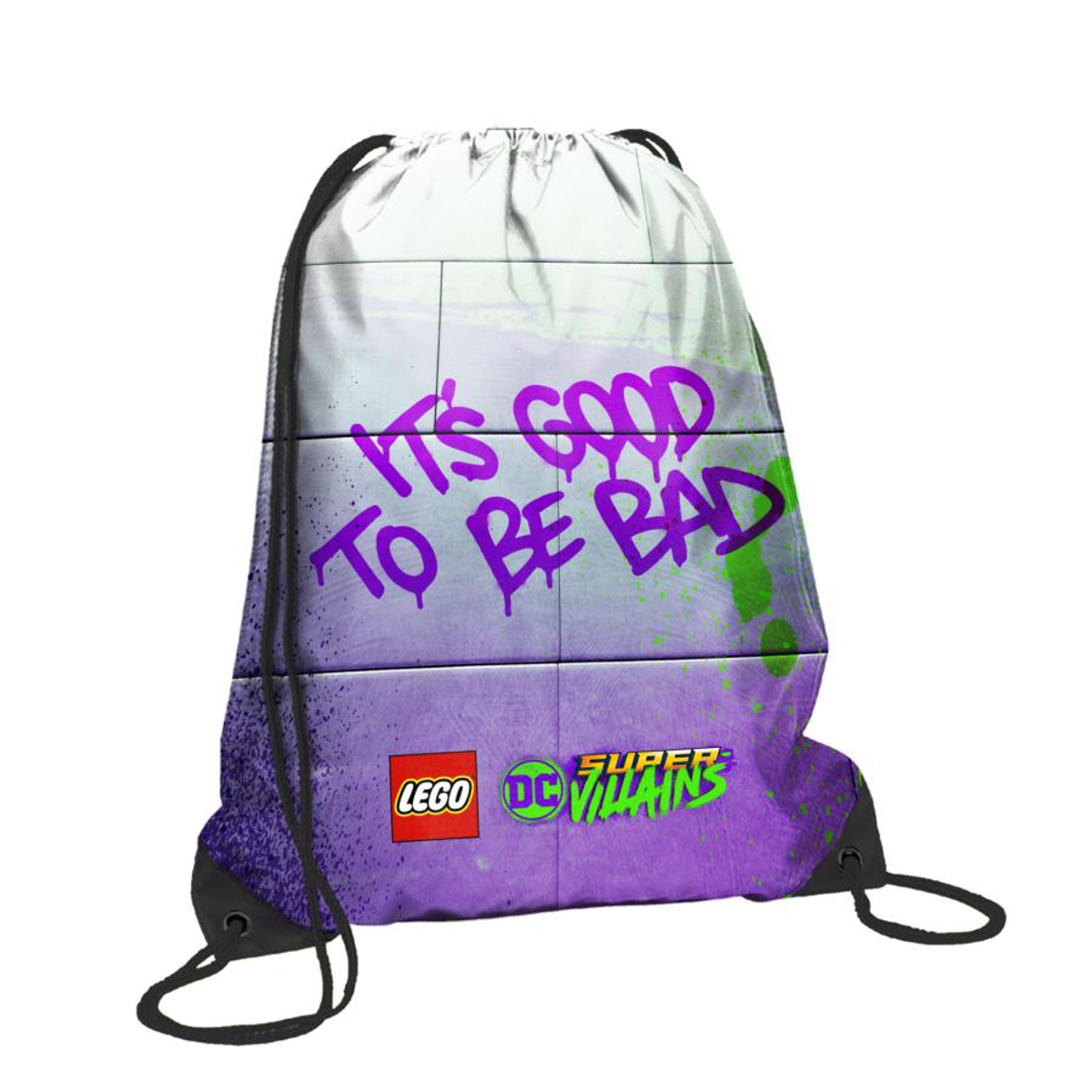 Worek ze sznurkiem Lego DC Super Villains z frazą 'Dobrze być złym' na fioletowym tle.