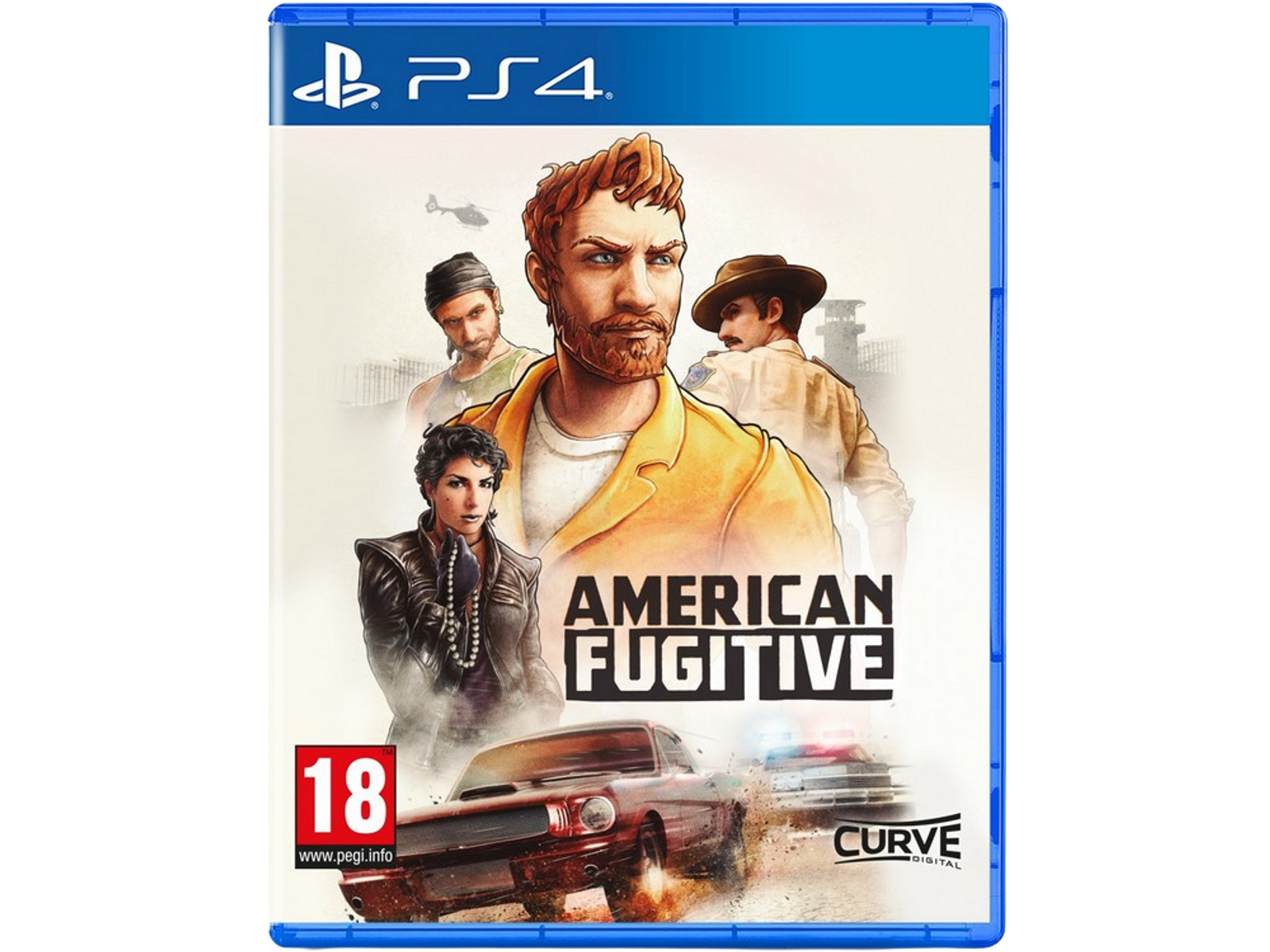 Copertina del gioco: Uomo in tuta arancione, titolo 'American Fugitive'. Auto della polizia e inseguimento sullo sfondo.