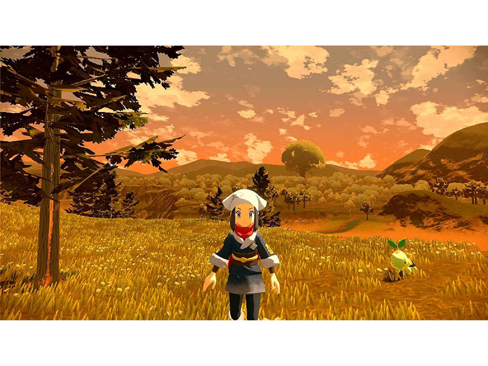 Zrzut ekranu z gry: Postać na polu, drzewa i góry, zachód słońca.